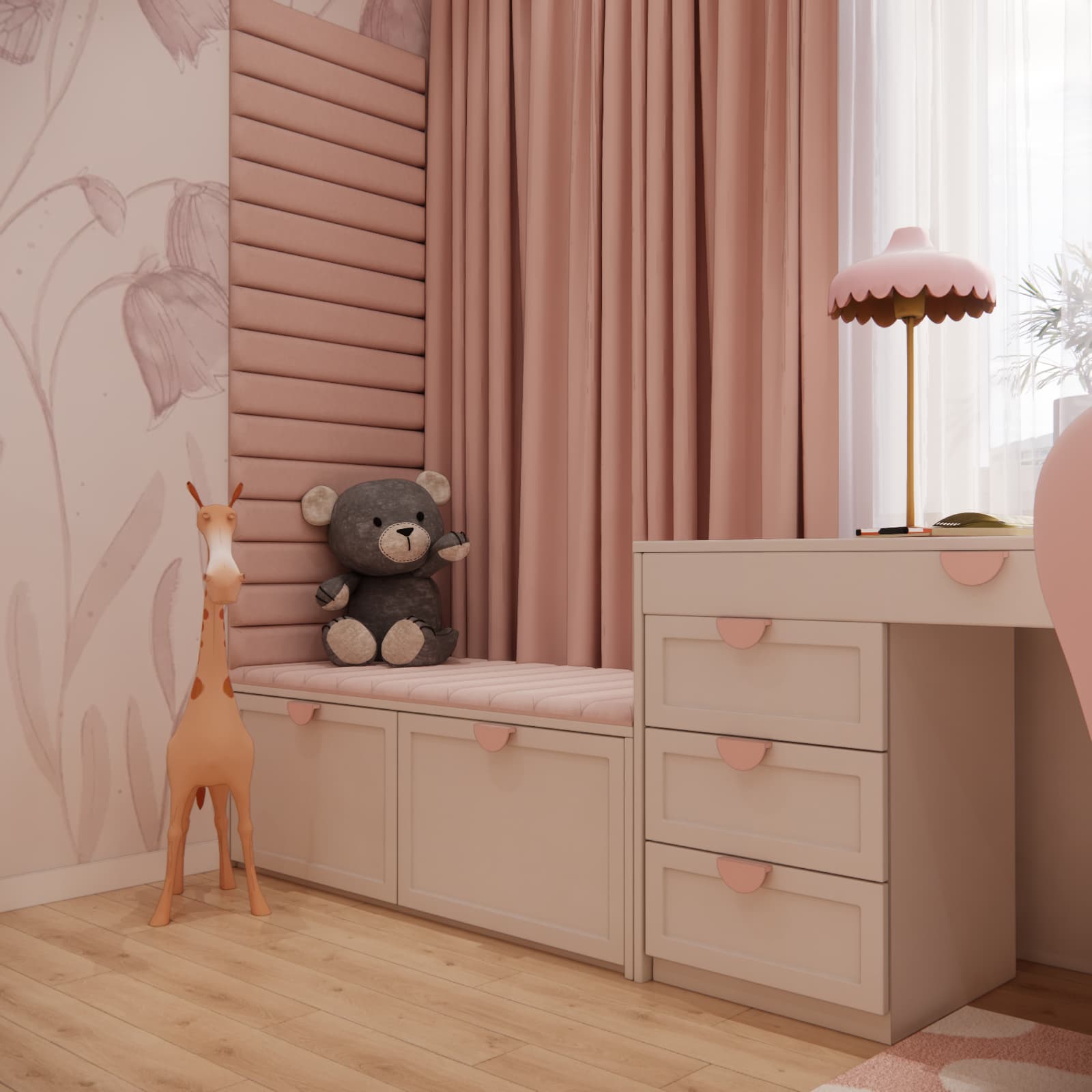 Pink seat with an upholstered backrest and cream cupboards beside the desk