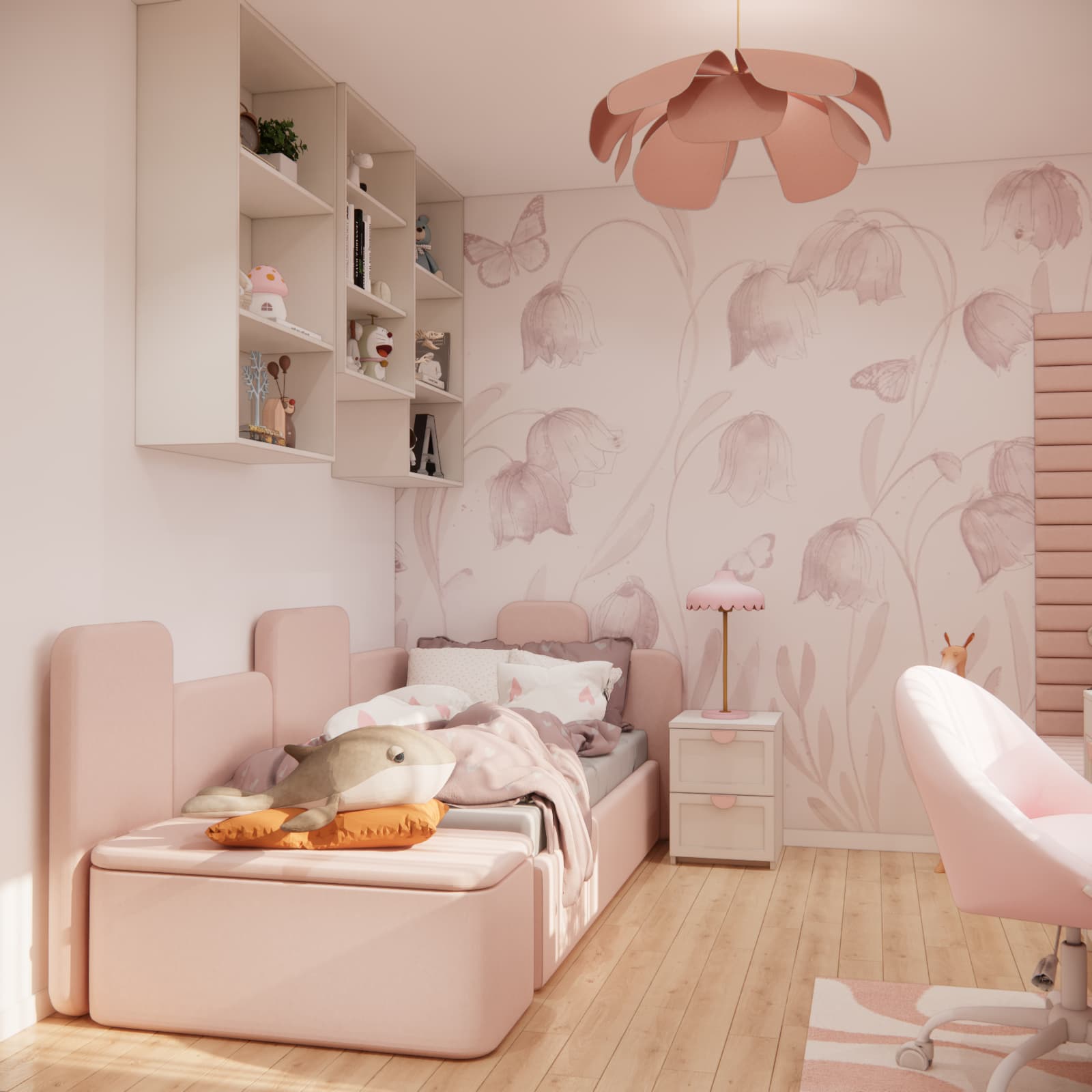 Powder pink bed against floral and butterfly wallpaper in Martyna’s bedroom