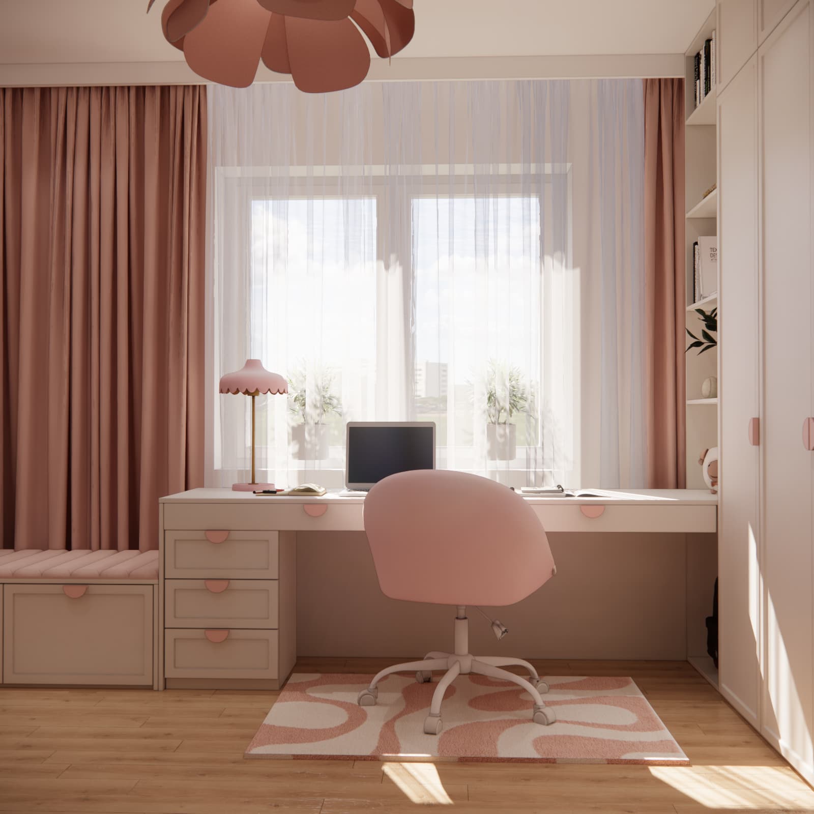Study area by the window with a pink lamp, sheer curtain and upholstered chair