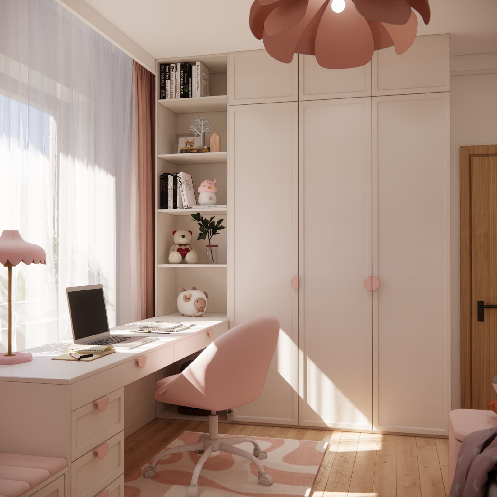 Tall cream wardrobe with pink handles and open shelving beside the desk