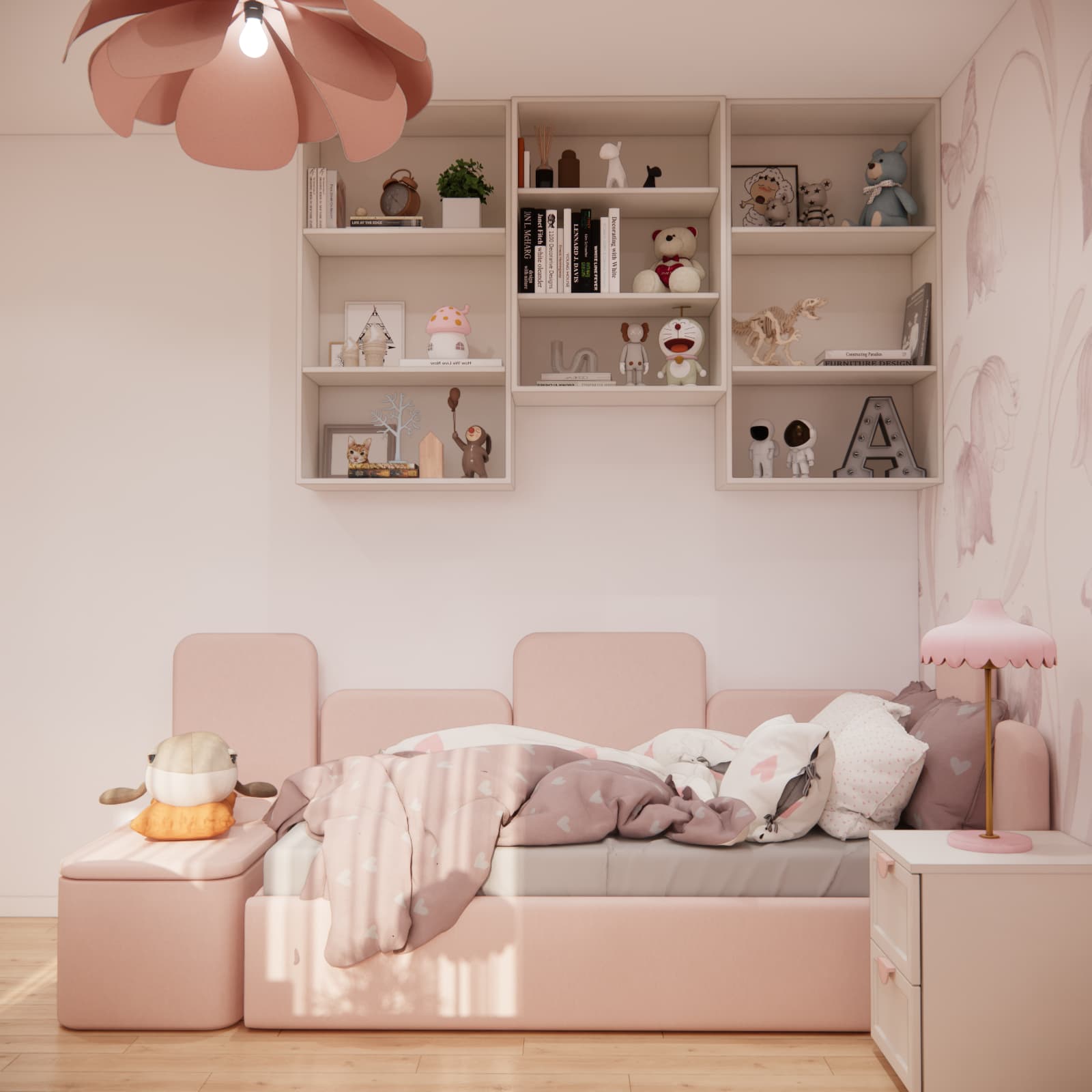 Upholstered bed with pink panels and open shelves for books and decorations