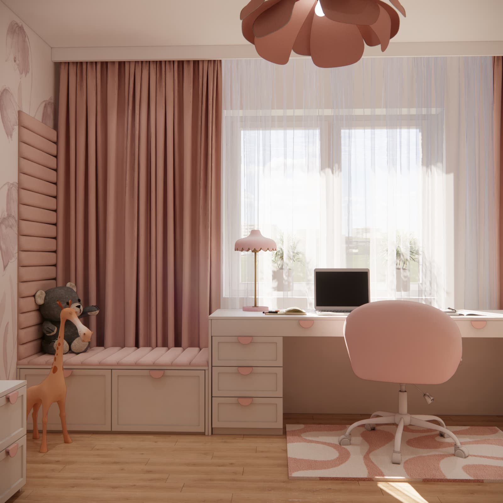 View of the desk beneath the window, pink curtains and rug in a light bedroom interior