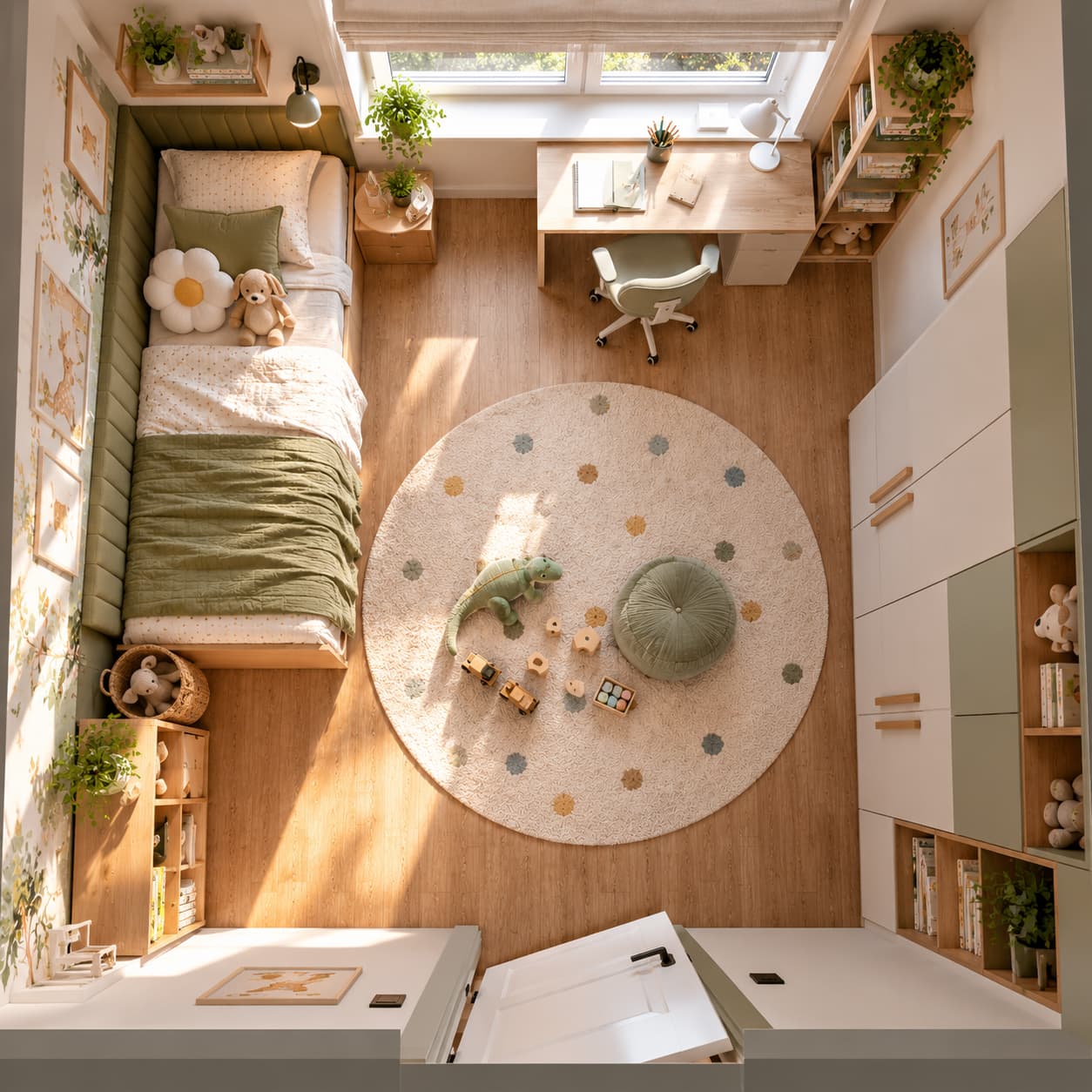 Mały kwadratowy pokój dziecięcy 8–9 m² z łóżkiem biurkiem szafą i wolnym środkiem