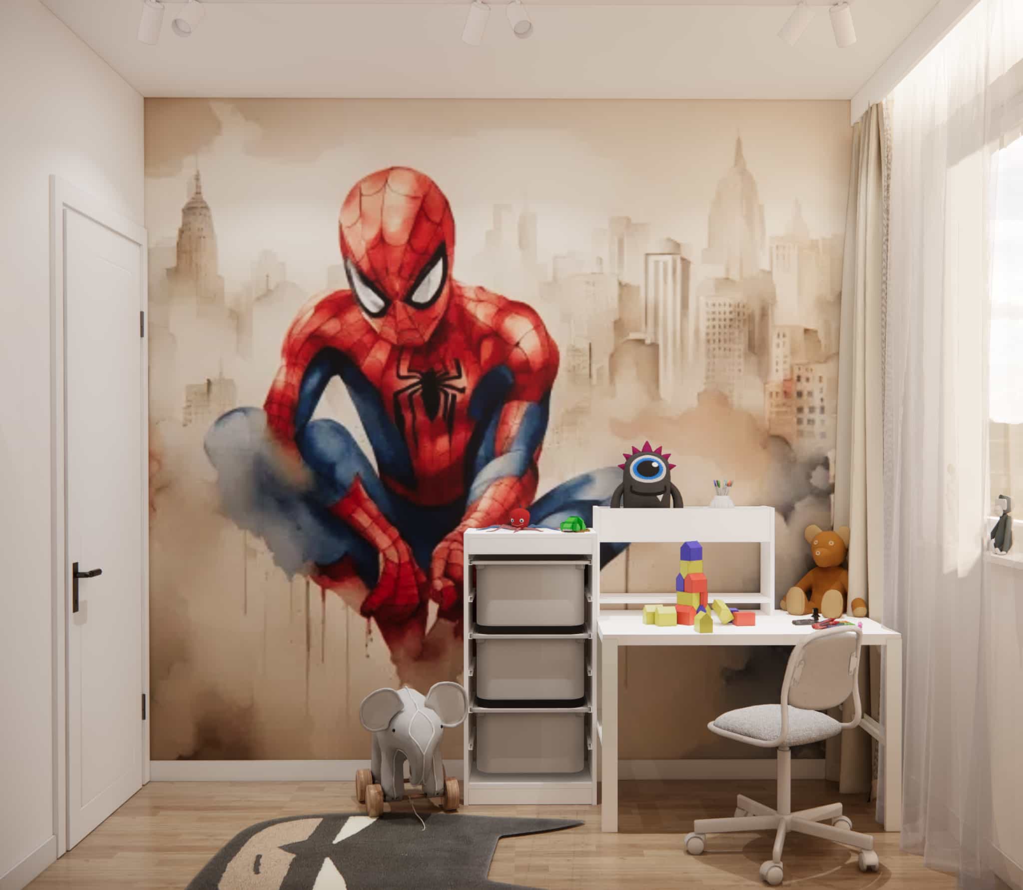 Mural Spidermana w pokoju chłopca 4 lata z białym biurkiem i kolorowymi zabawkami