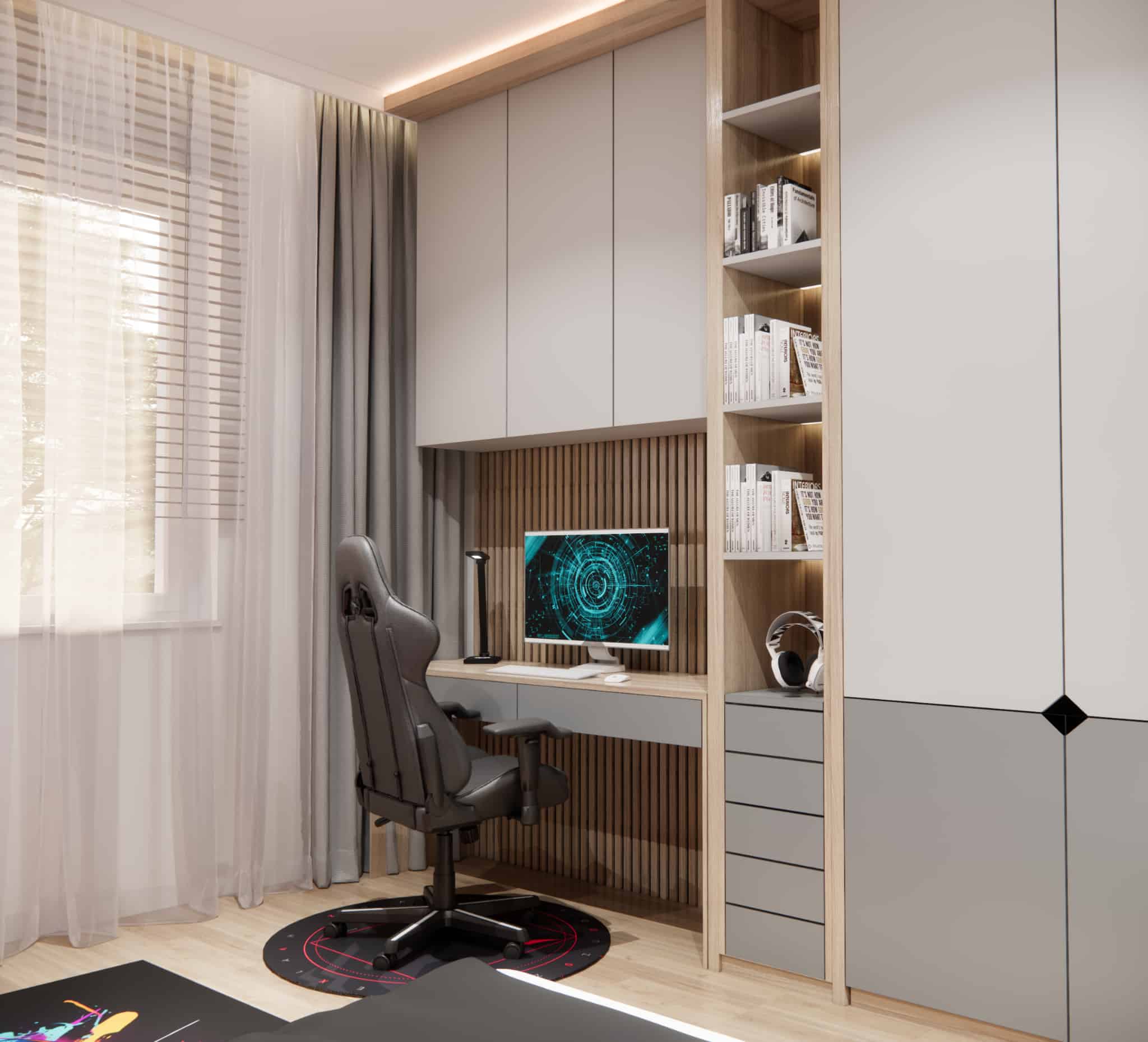 Nowoczesne stanowisko do nauki z lamelowym tłem, oświetleniem LED i ergonomicznym fotelem dla dziecka 8–12 lat