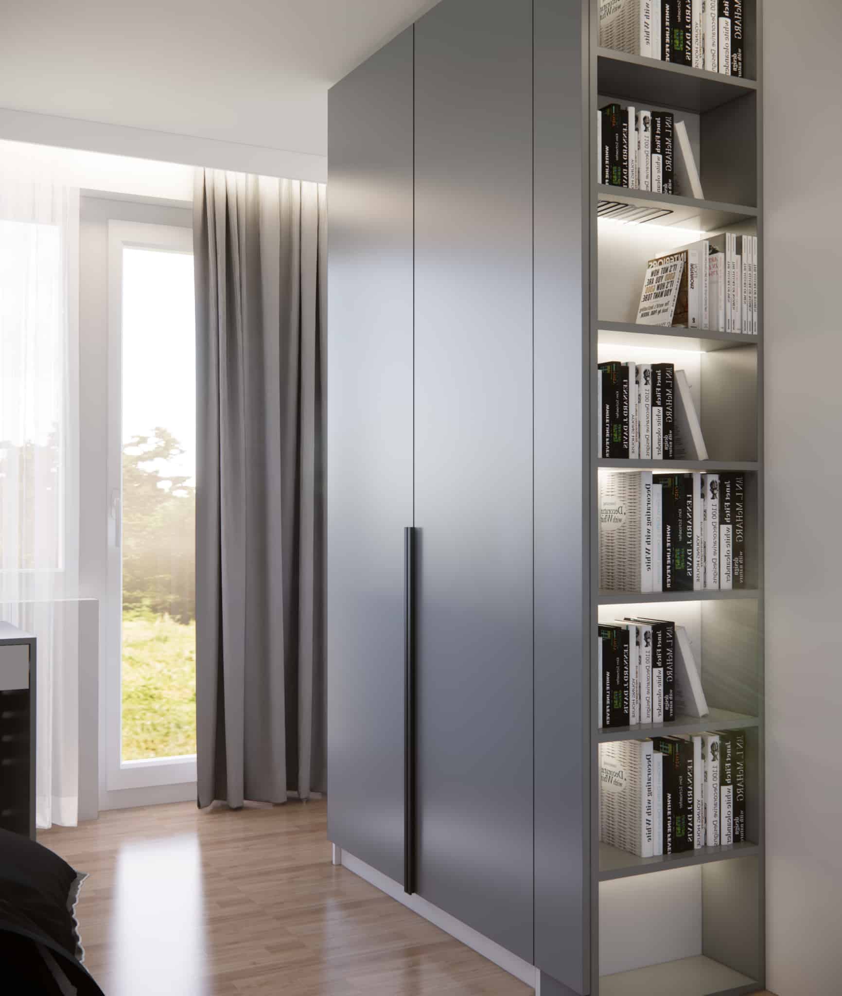 Built-in wardrobe in shades of grey with a tall front and a bookshelf next to a large window with curtains.