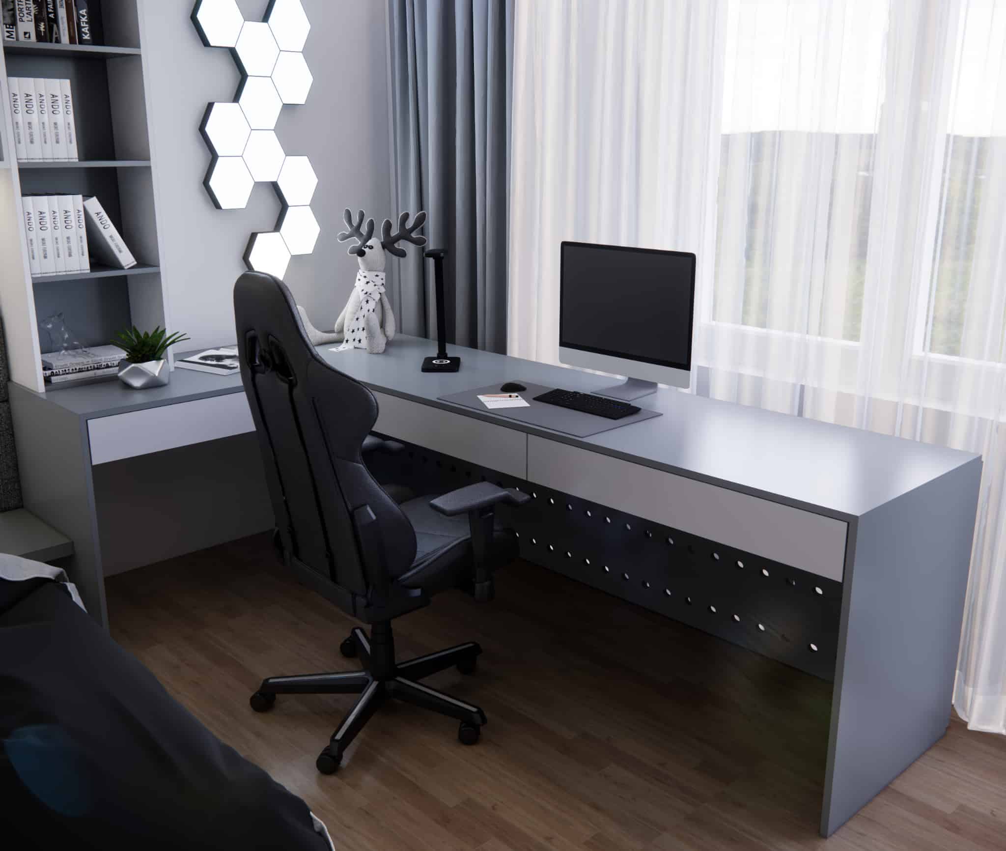 Large gaming desk with a perforated panel and decorative LED panels in a 13-year-old boy’s room.