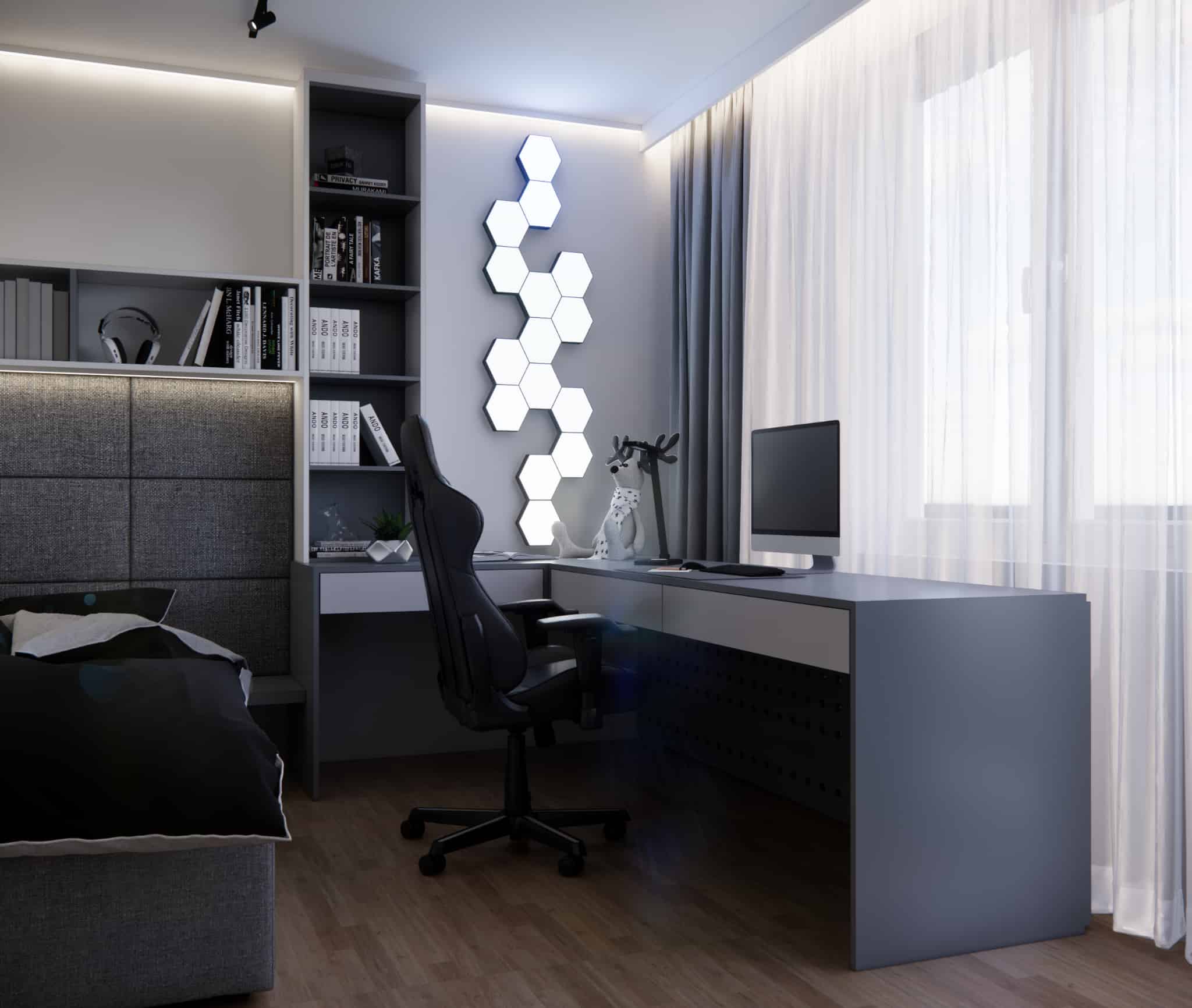 Modern study zone in a 13-year-old boy’s room with a corner desk and decorative LED wall panels.