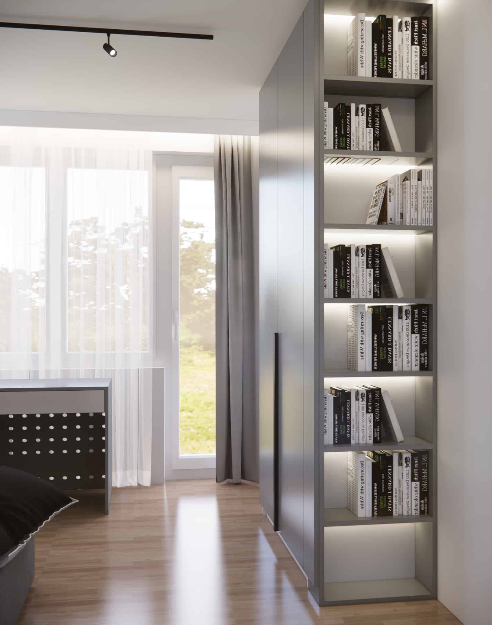 Modern custom-made wardrobe with illuminated bookshelf in a 13-year-old boy’s room.