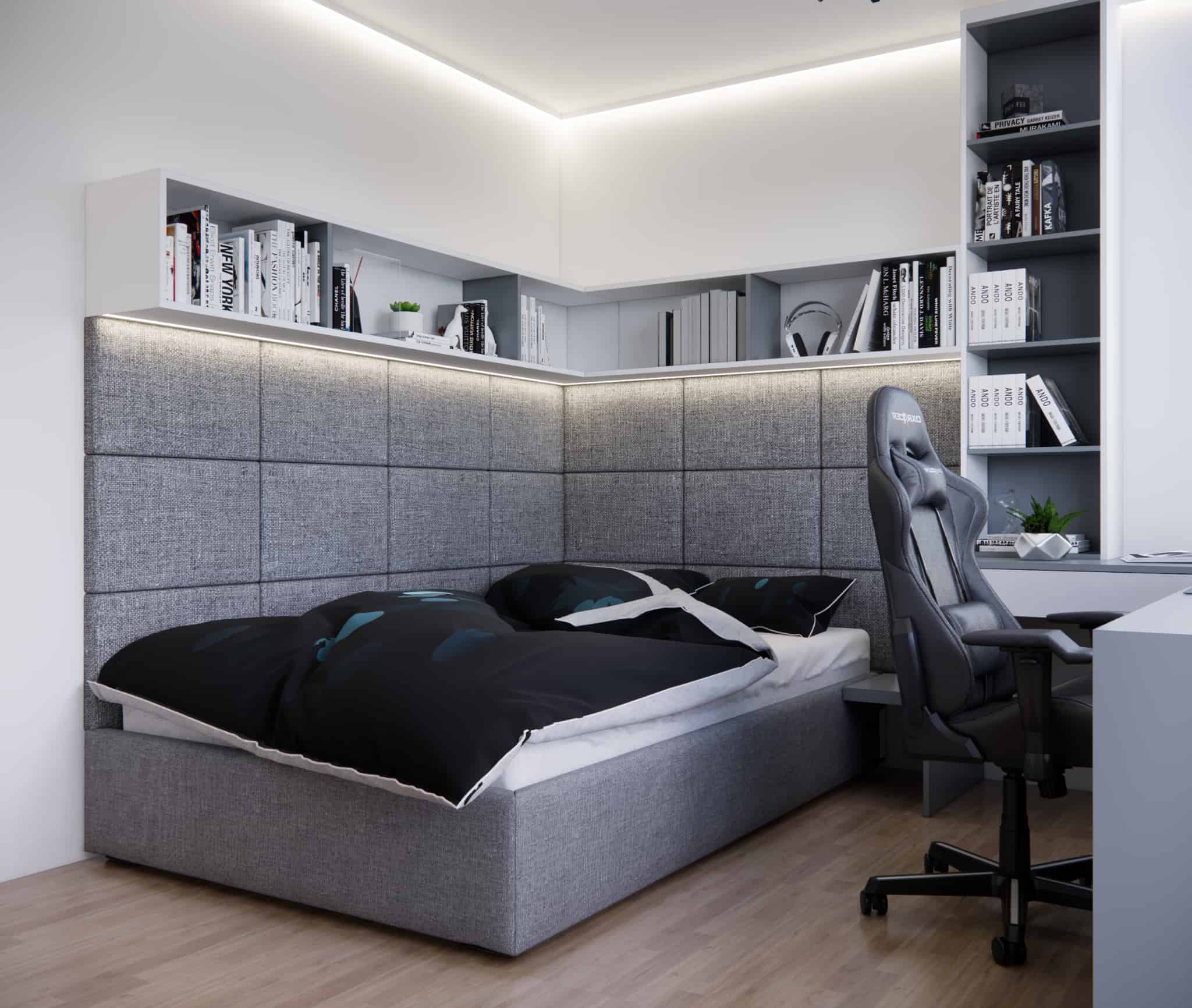 Upholstered bed with custom-built storage and LED lighting in a modern 13m2 teenage room.