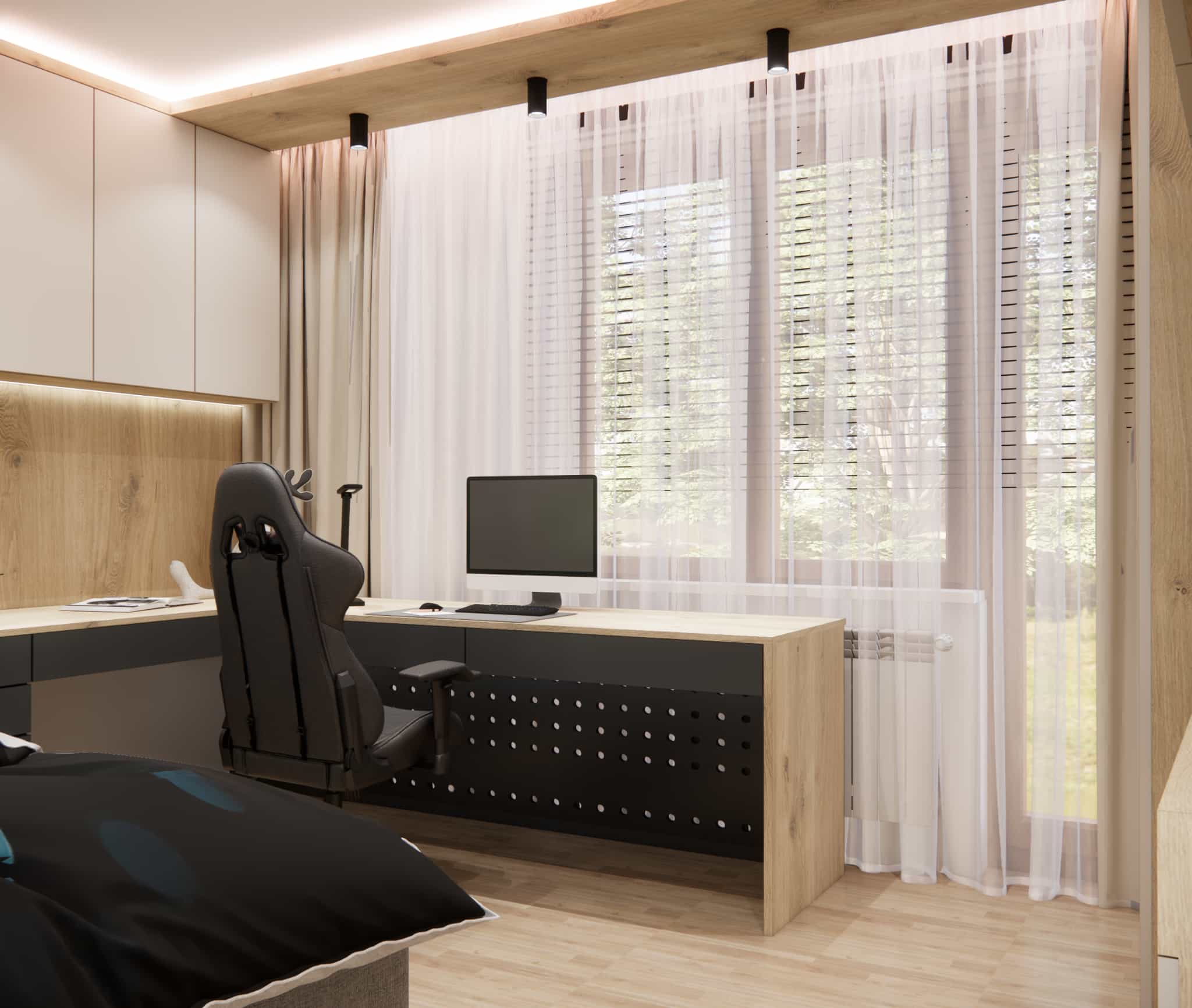 Large window with sheer curtains, blinds and study area in a teen room