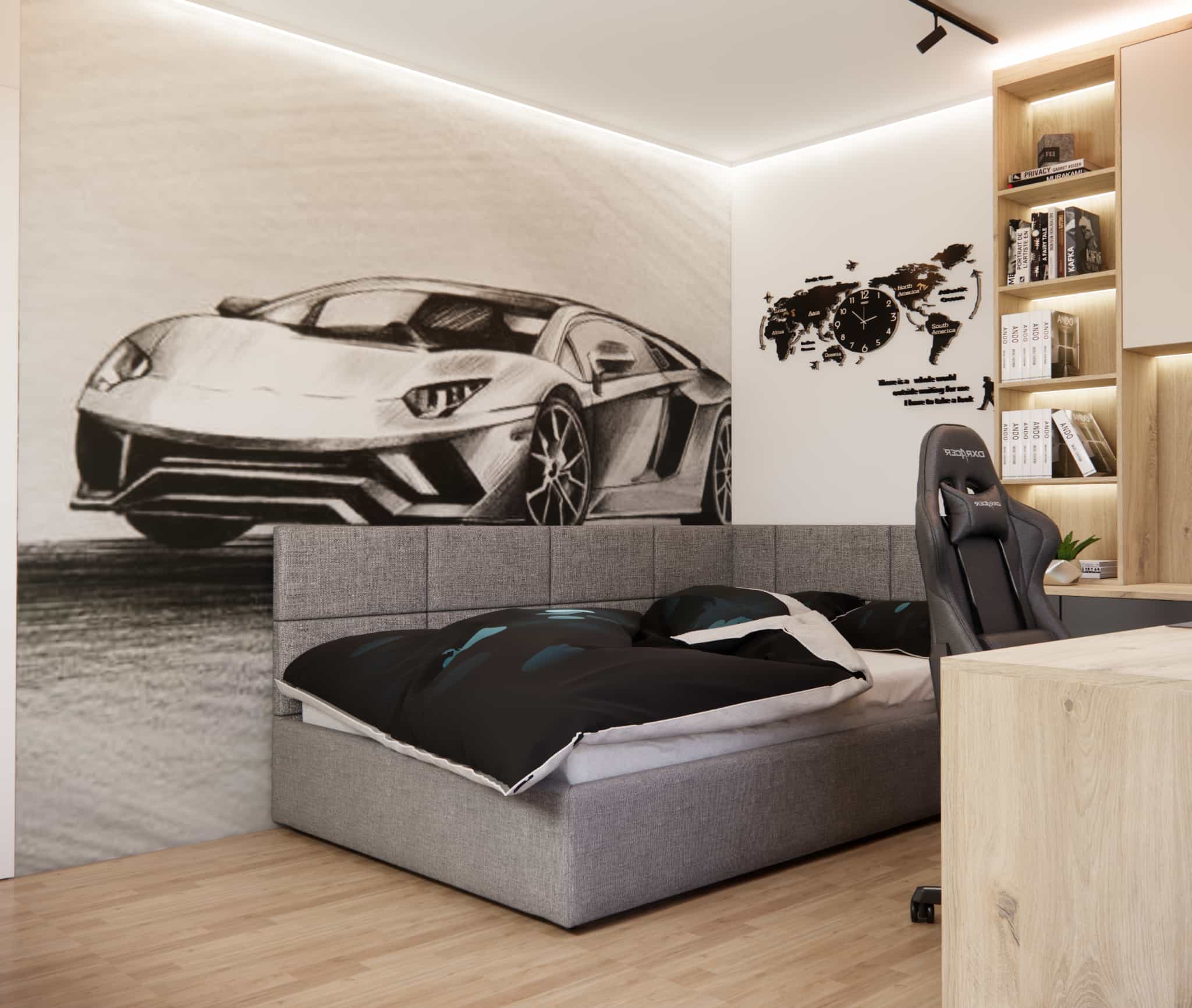 Teen boy’s bedroom with car-themed wall mural and grey upholstered bed
