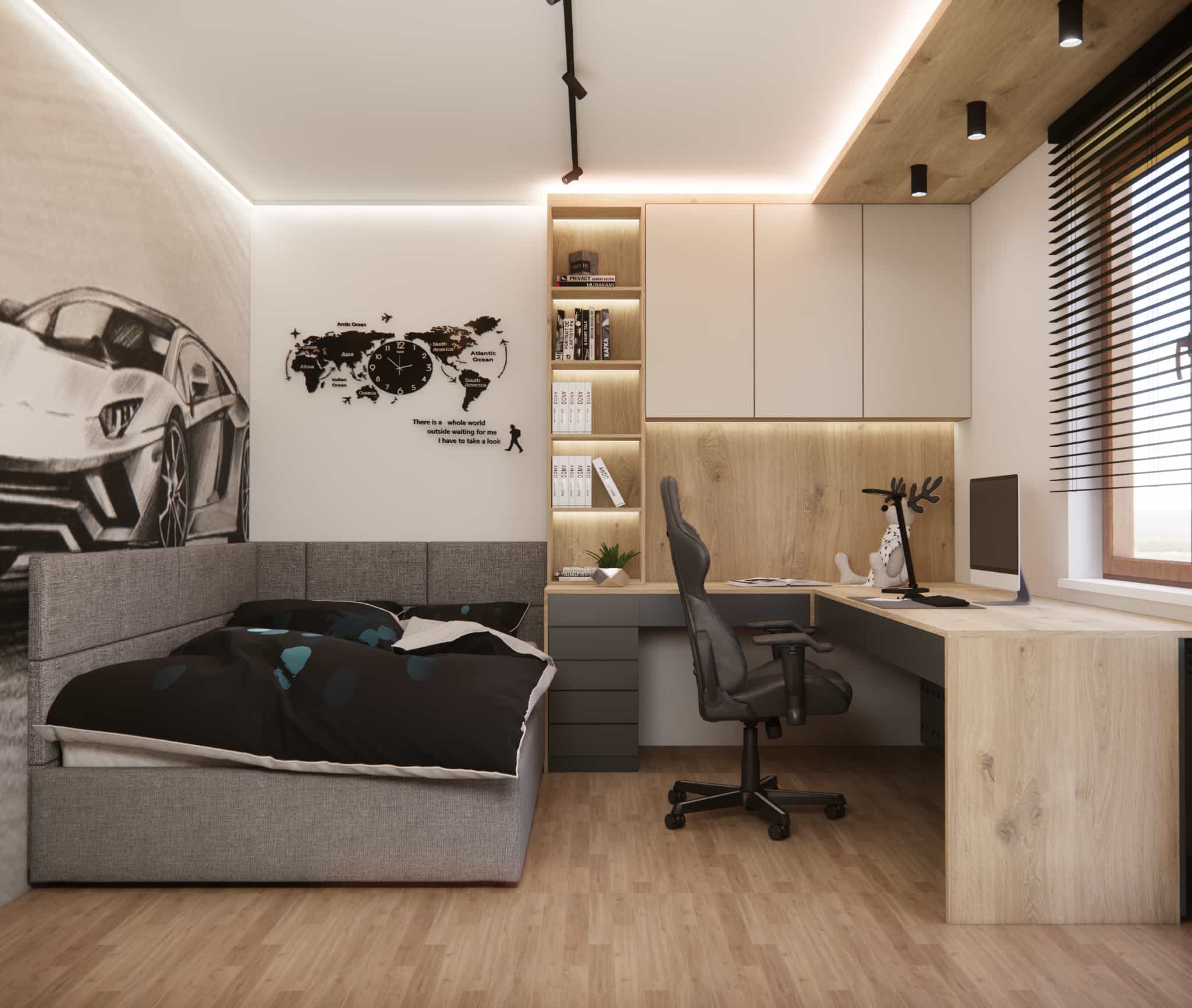 Modern teen room with upholstered bed, corner desk and LED lighting