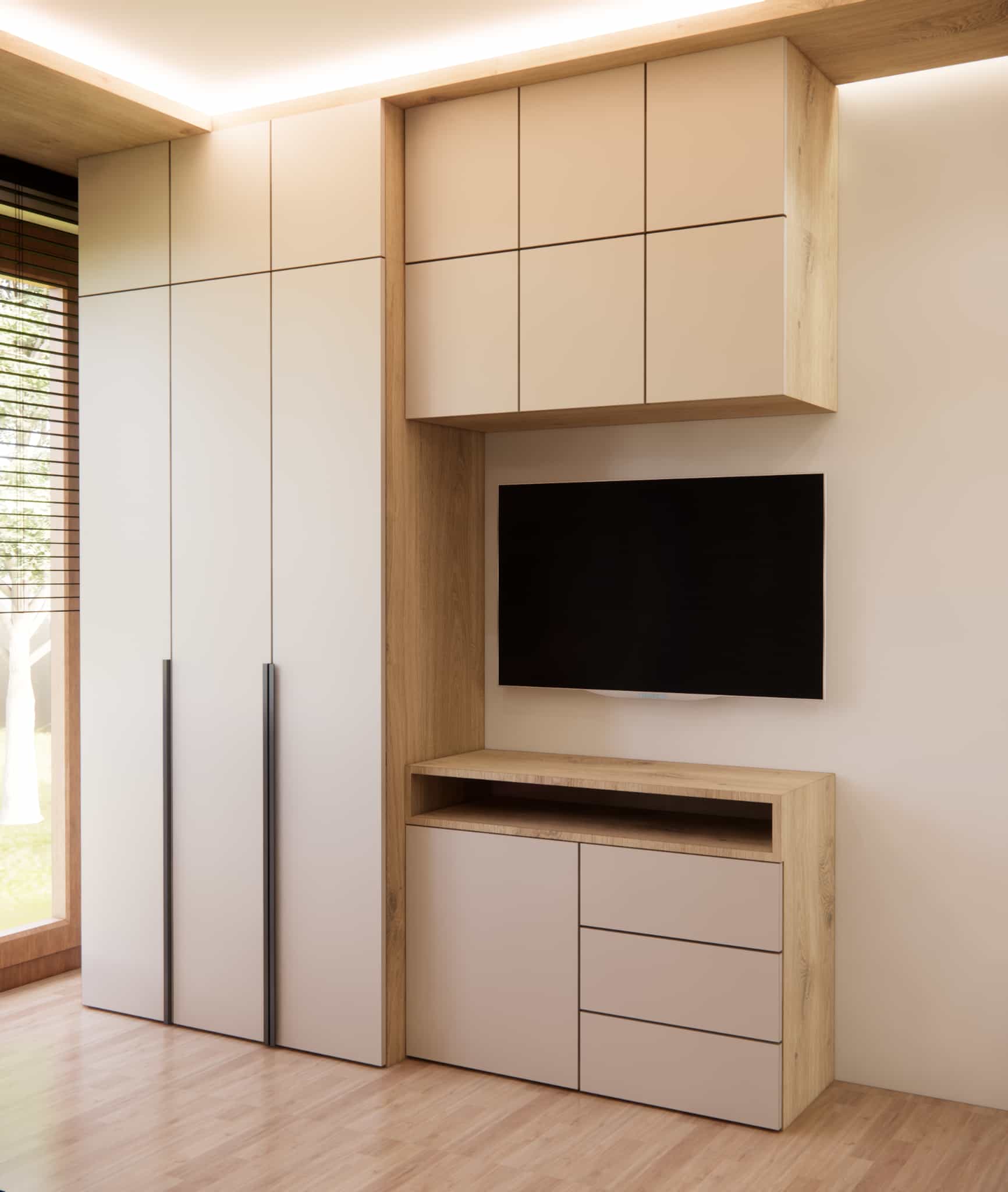 Custom built-in furniture in a teen room with wardrobe, upper cabinets and TV unit