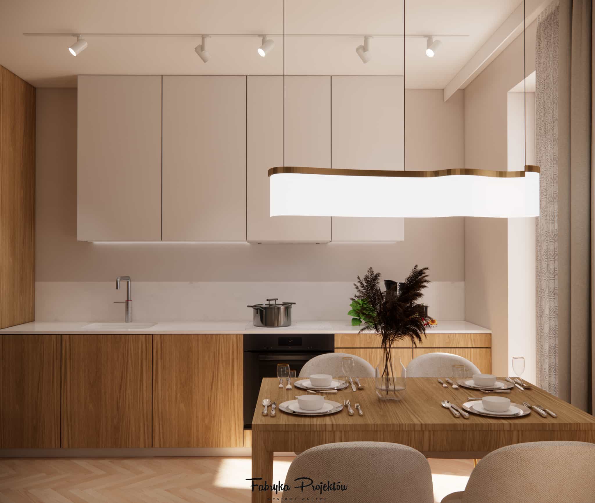Minimalist kitchen in beige tones and wood with a linear pendant lamp above the table and a full table setting for four place settings