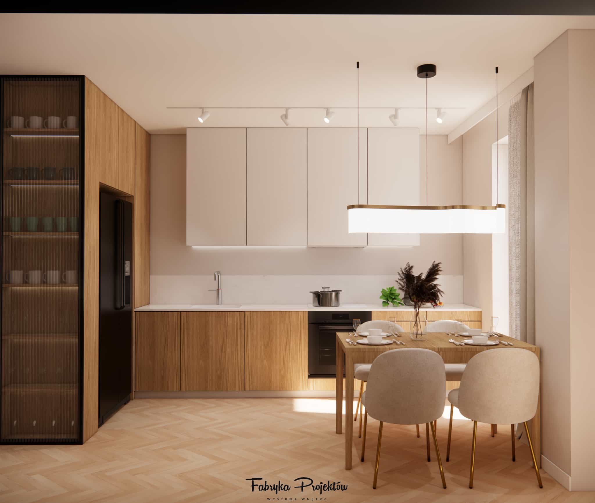 Bright kitchen in an apartment building with wooden cabinetry, white wall units and a dining area with a table for four people