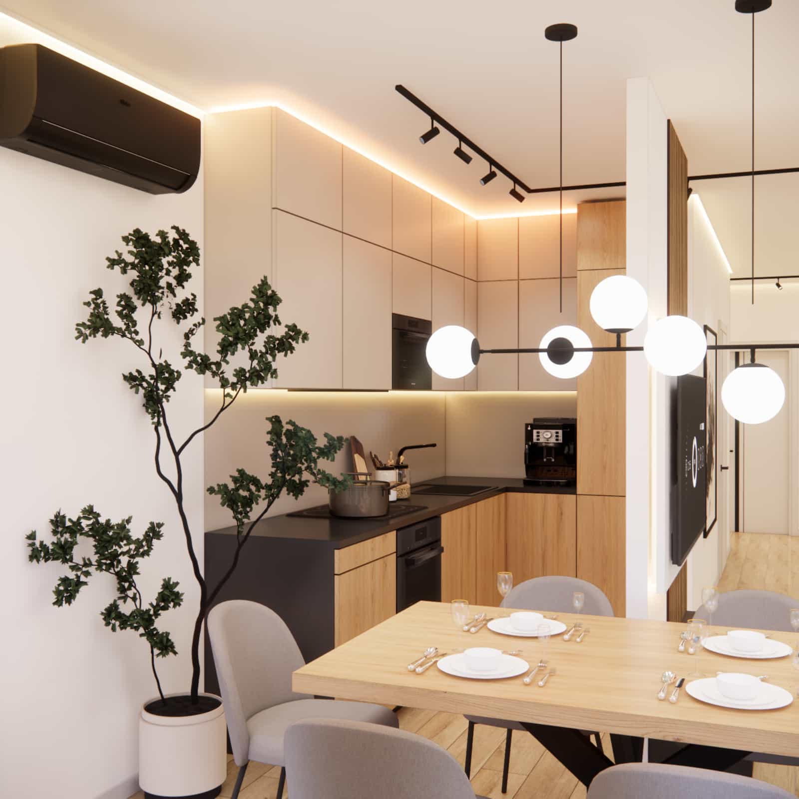 projekt mieszkania 84 m2 w bloku salon z aneksem kuchennym jasna aranżacja wnętrza