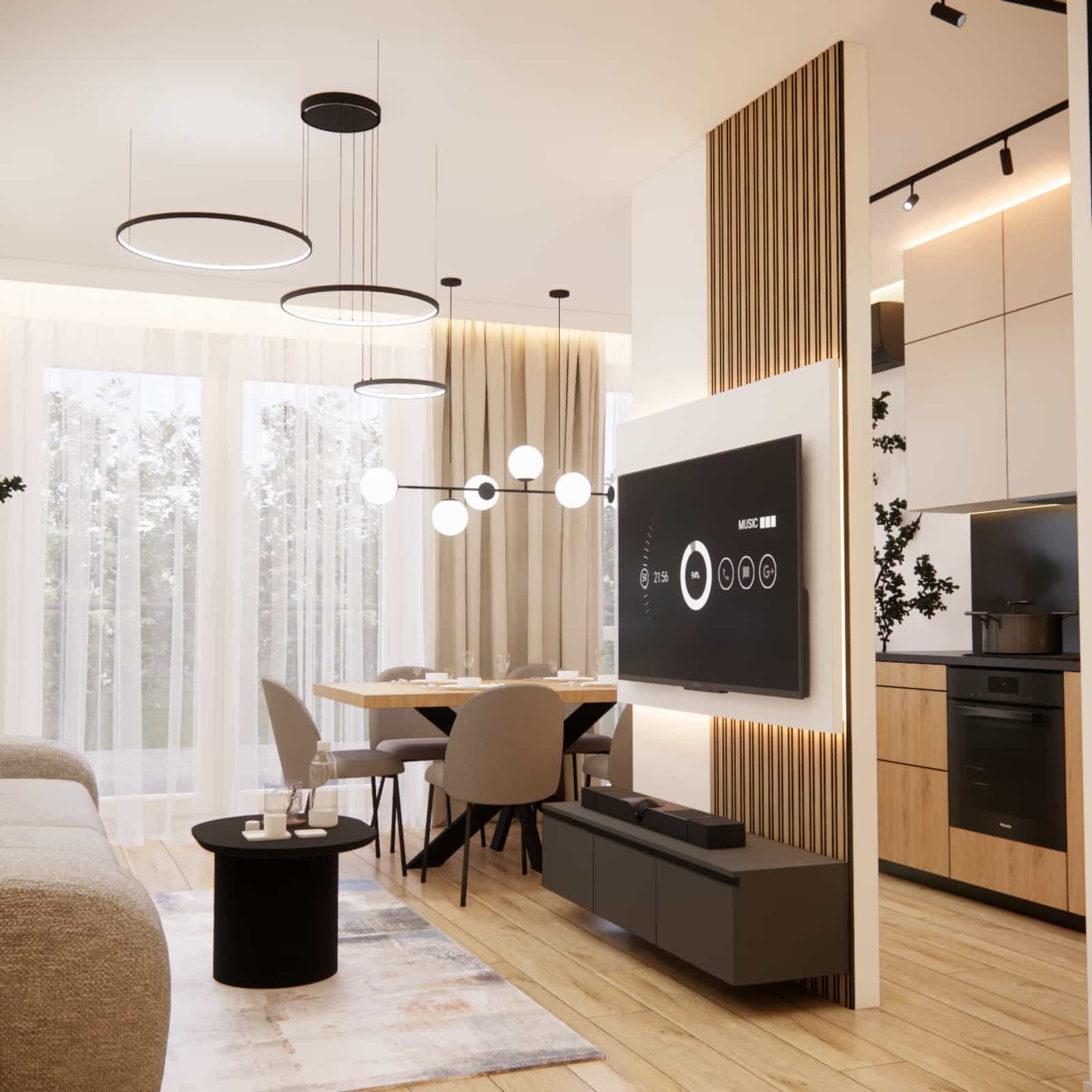 salon z jadalnią w mieszkaniu 84 m2 w bloku jasna aranżacja wnętrz