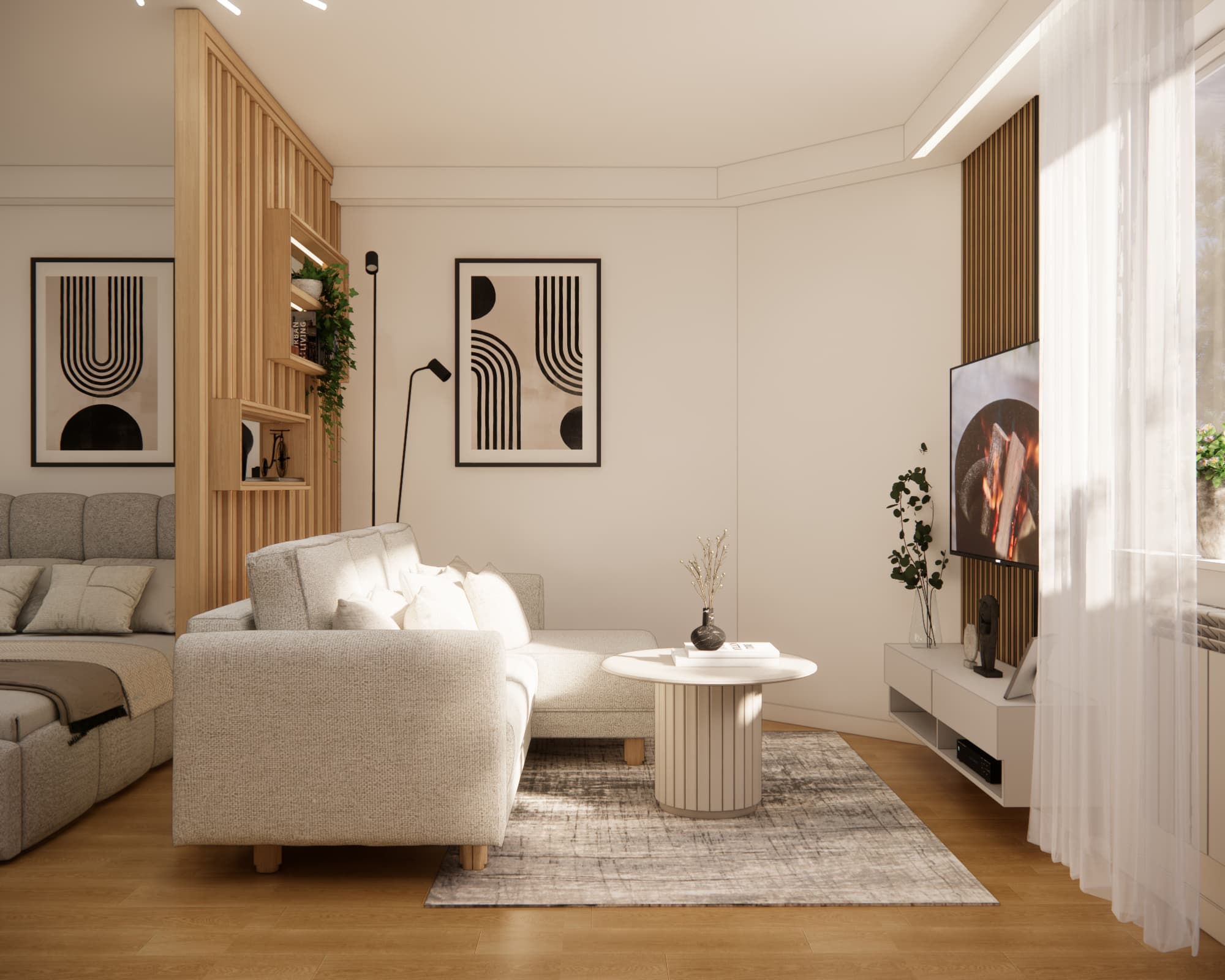 22 m² living room design in Kościan with a light sofa, wooden partition and TV area