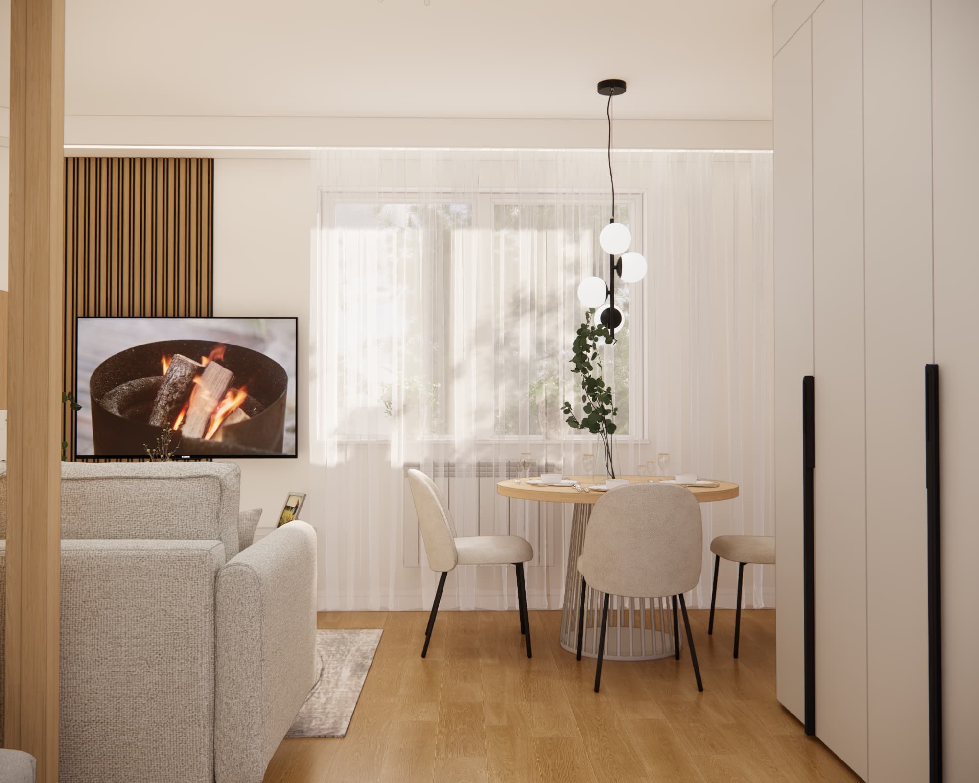 Dining area with a large custom-made wardrobe in a bright 22 m² living room
