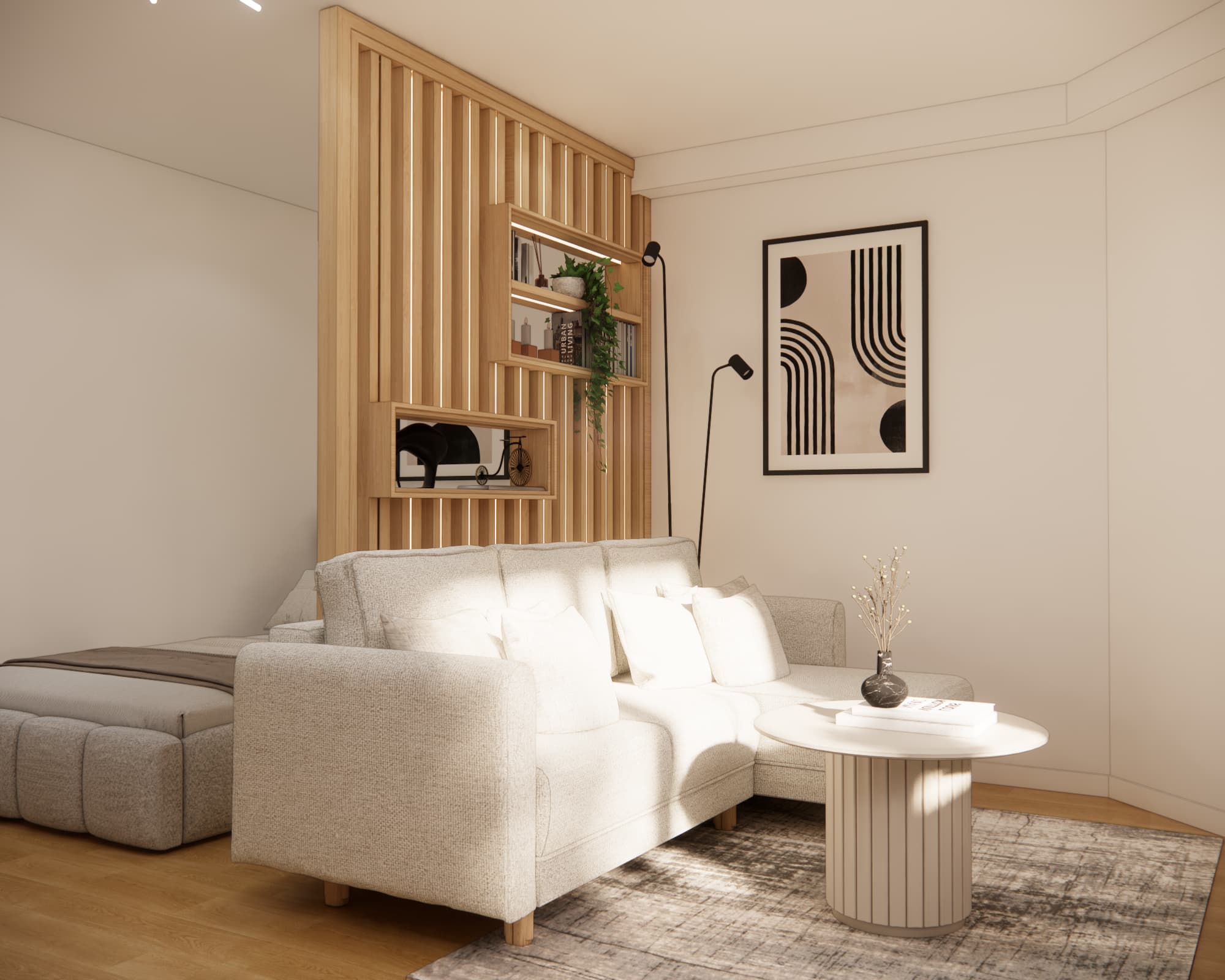 Modern relaxation area with a light sofa, round coffee table and wooden partition