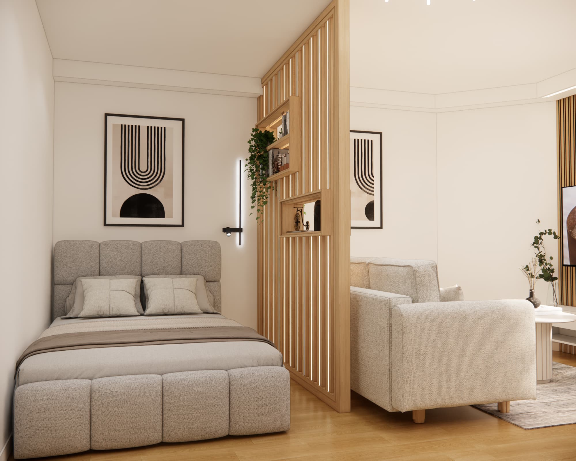 Sleeping area separated from the living room by a wooden openwork partition