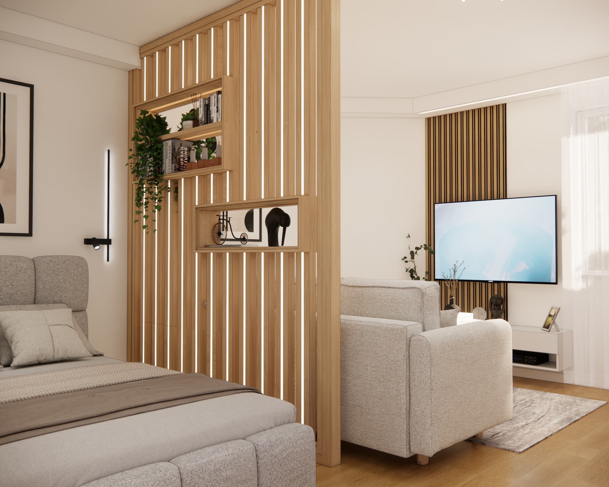 Wooden openwork partition with shelves separating the living room from the sleeping area