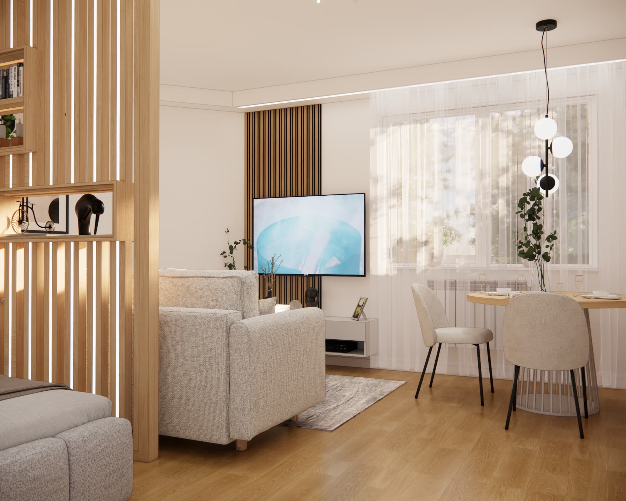 Jasny salon z jadalnią, telewizorem, drewnianymi lamelami i okrągłym stołem
