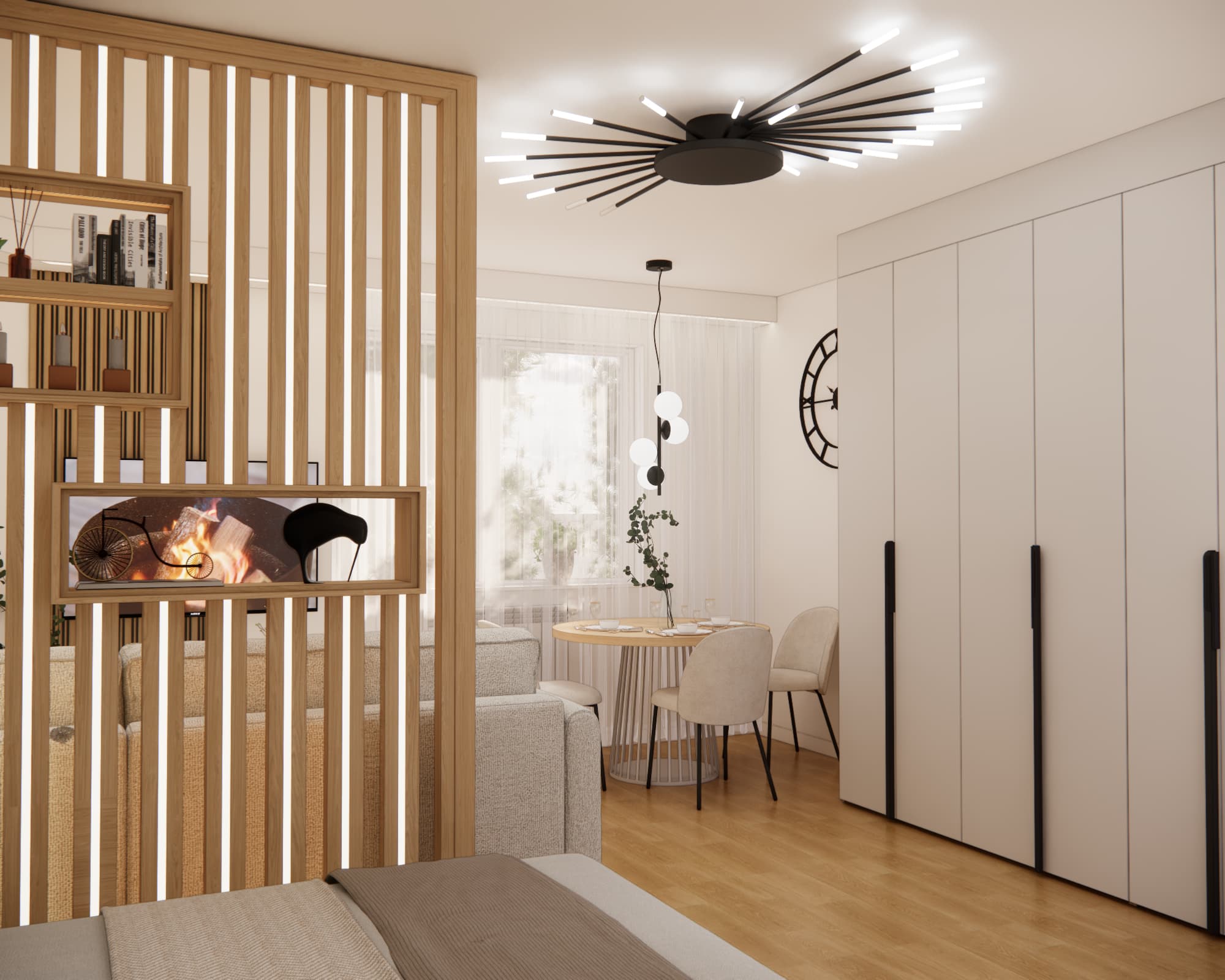 Nowoczesny salon w beżach i drewnie z ażurową ścianką, jadalnią i dużą szafą