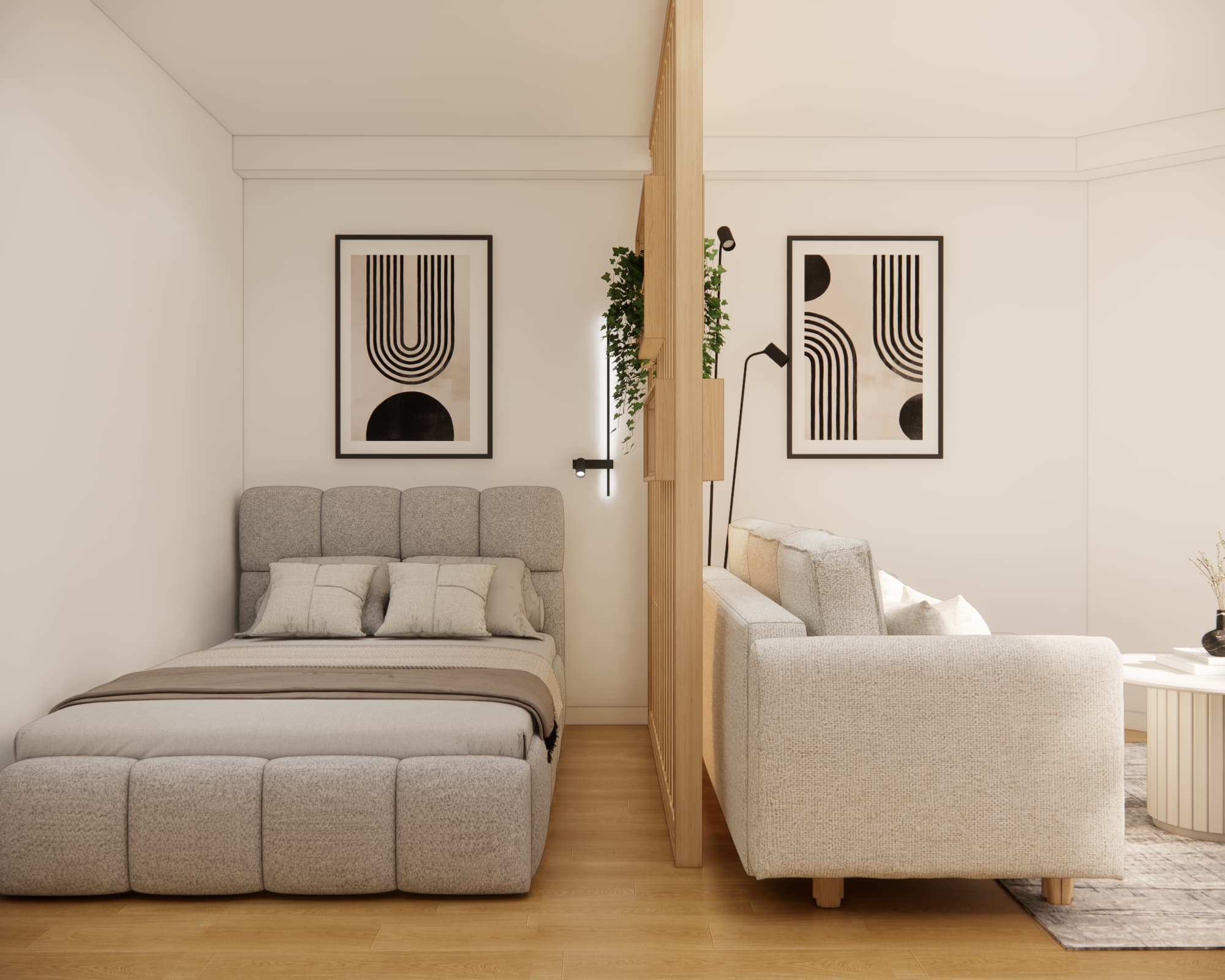 Tapicerowane łóżko i sofa rozdzielone drewnianą ażurową ścianką w salonie