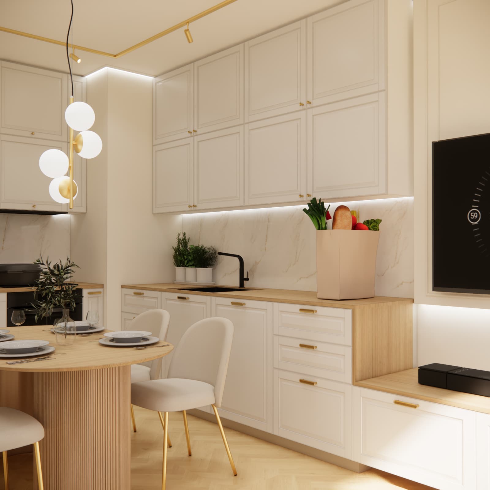 Bright 22 m² living room with kitchenette visually enlarged by a consistent colour palette