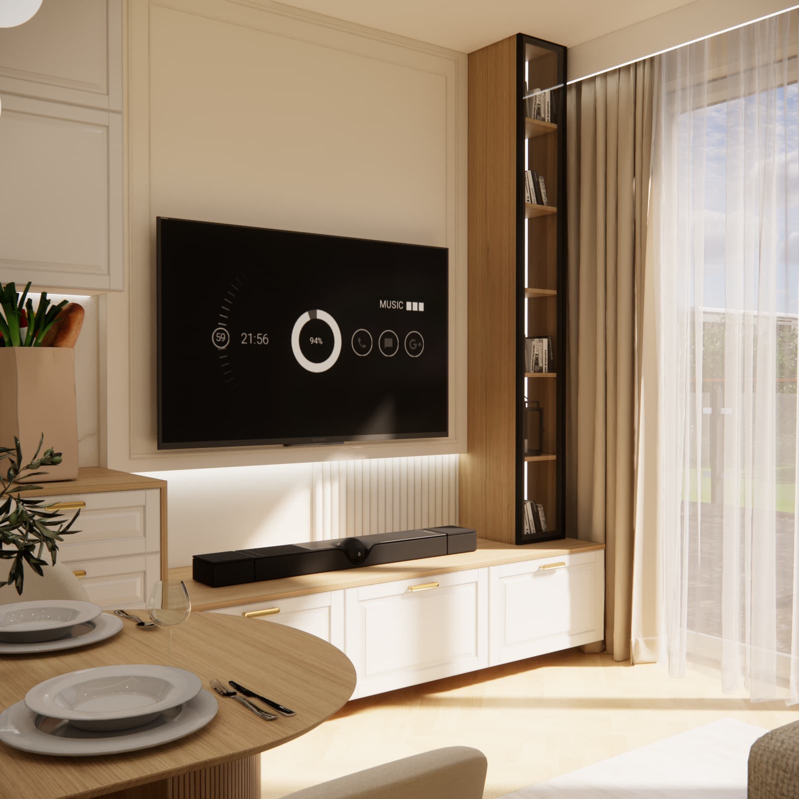 Modern TV wall with backlighting and a low media cabinet