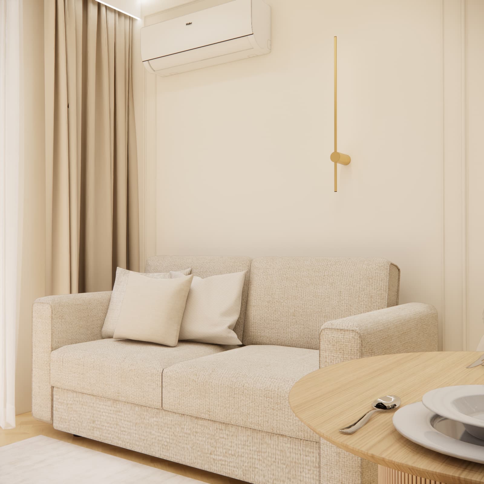 Jasna kompaktowa sofa w przytulnej części wypoczynkowej salonu