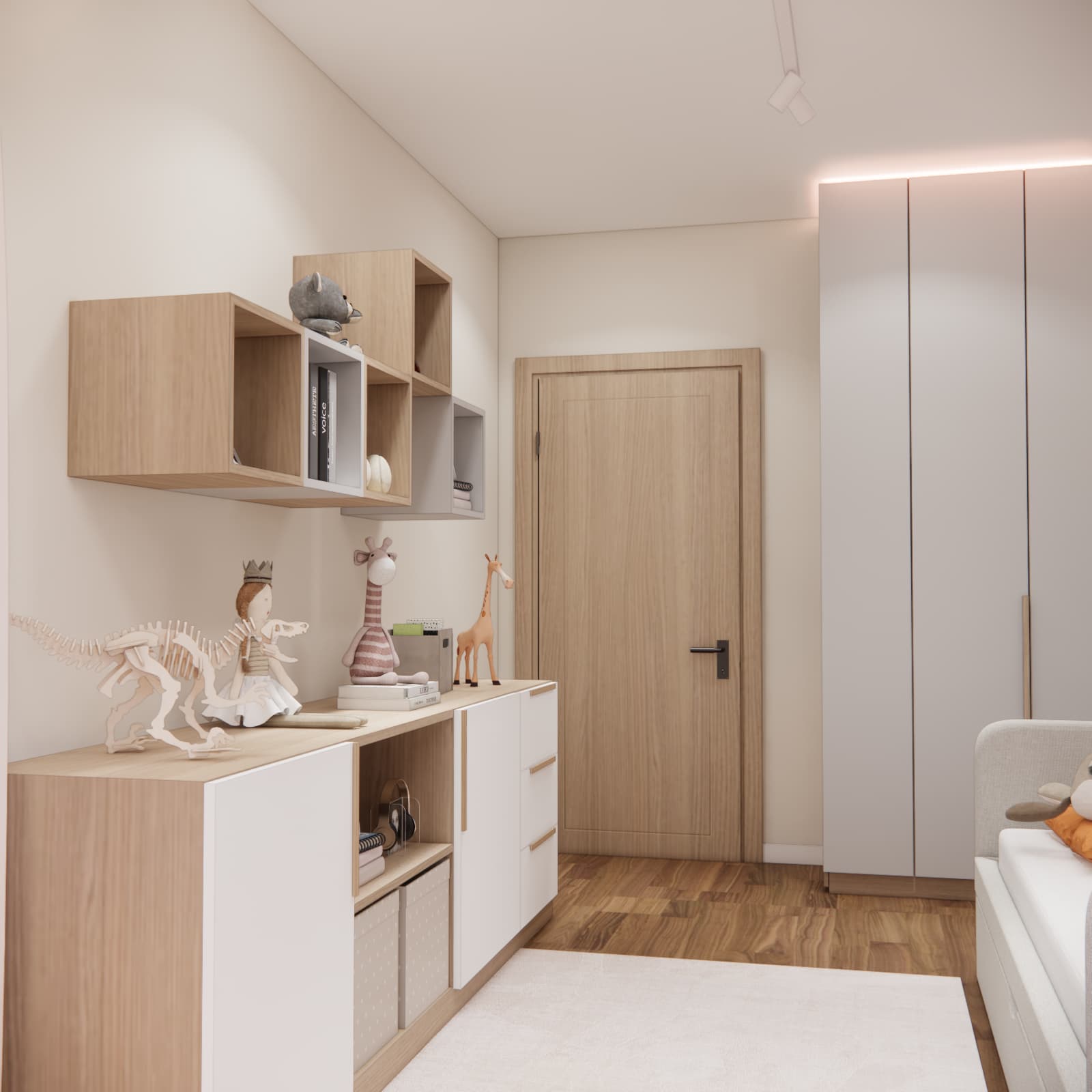 15 m² child’s room design with a wardrobe, storage cabinet and wooden details