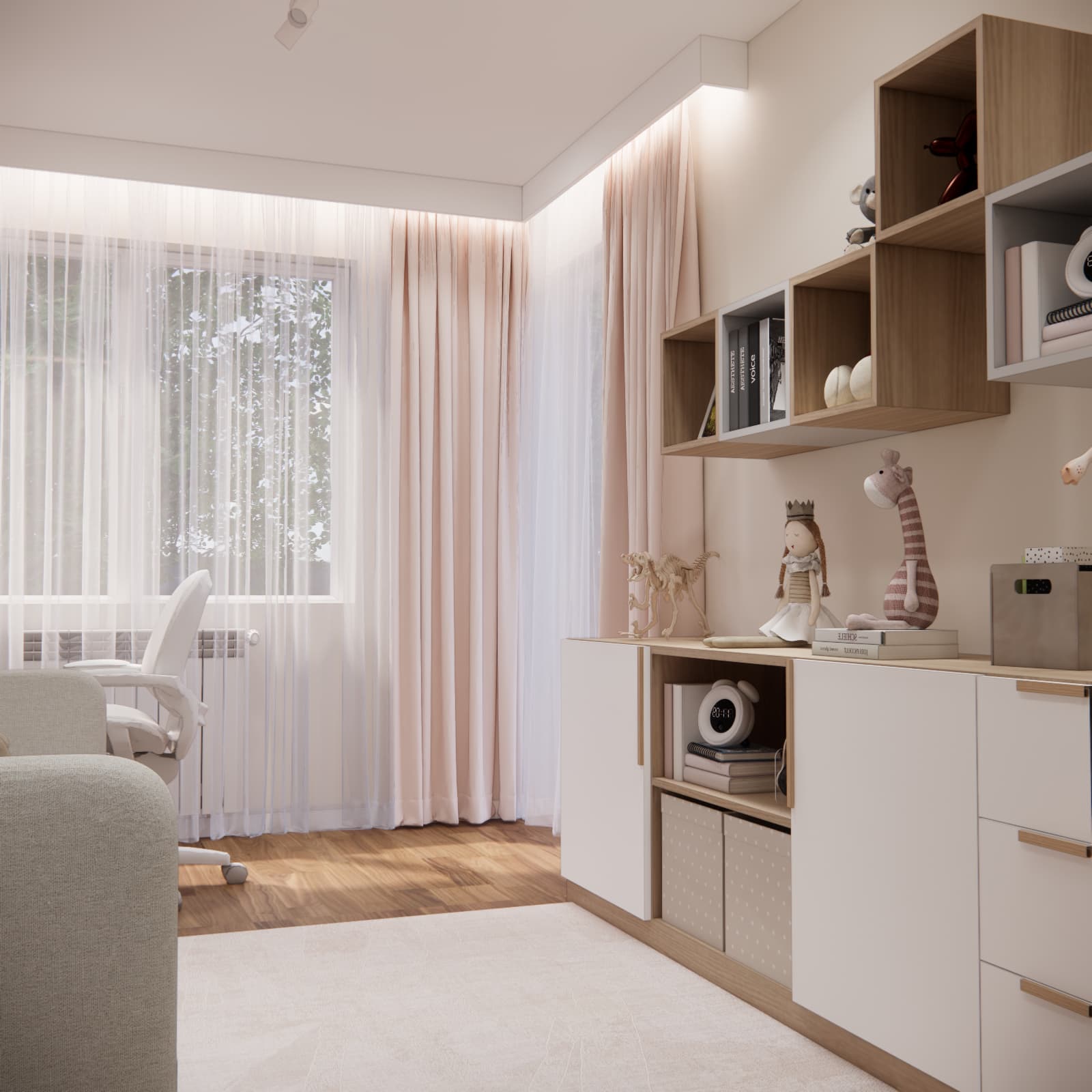 Bright 15 m² girl’s room with a storage cabinet and toy shelves