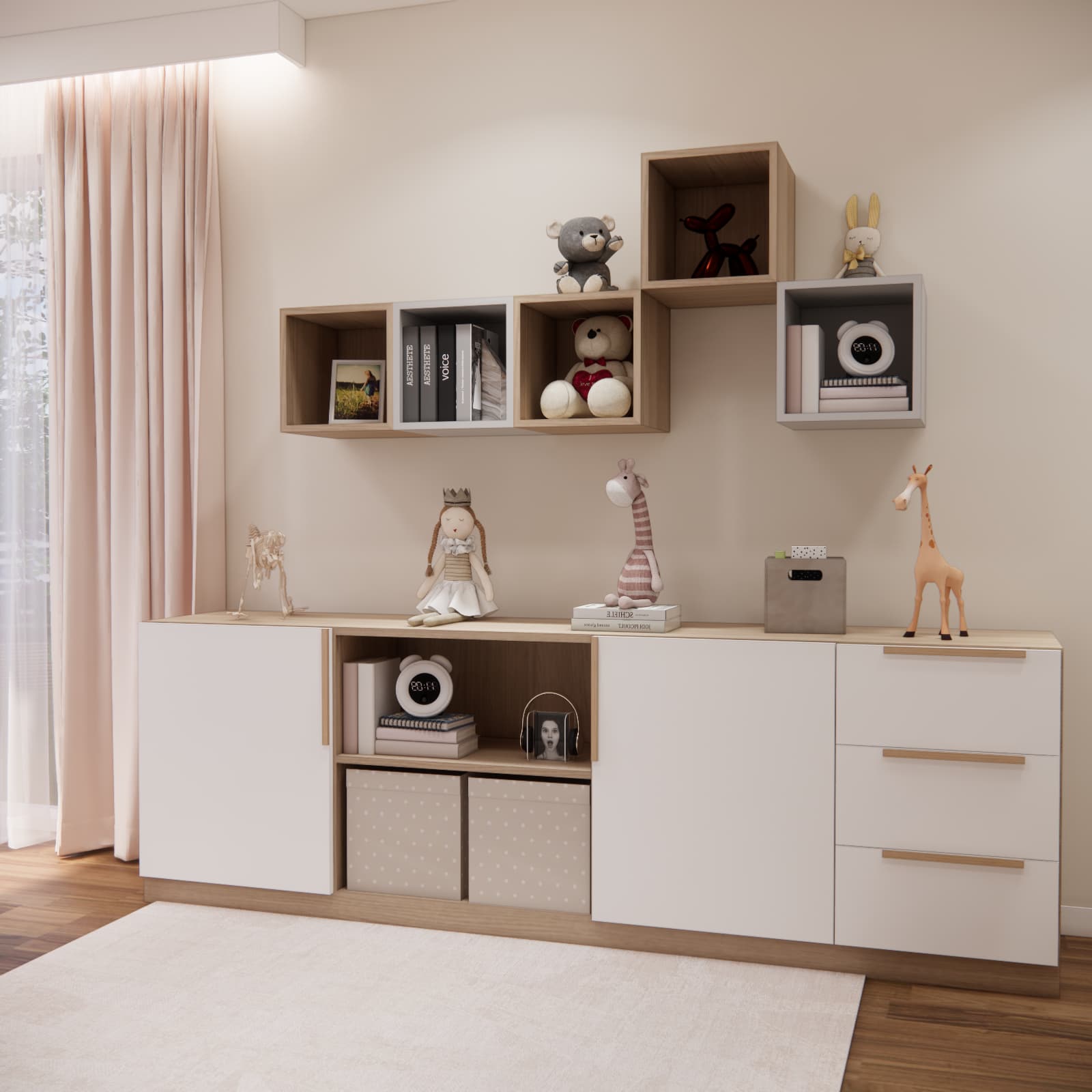 Built-in storage with cabinets, drawers and toy shelves in a child’s room