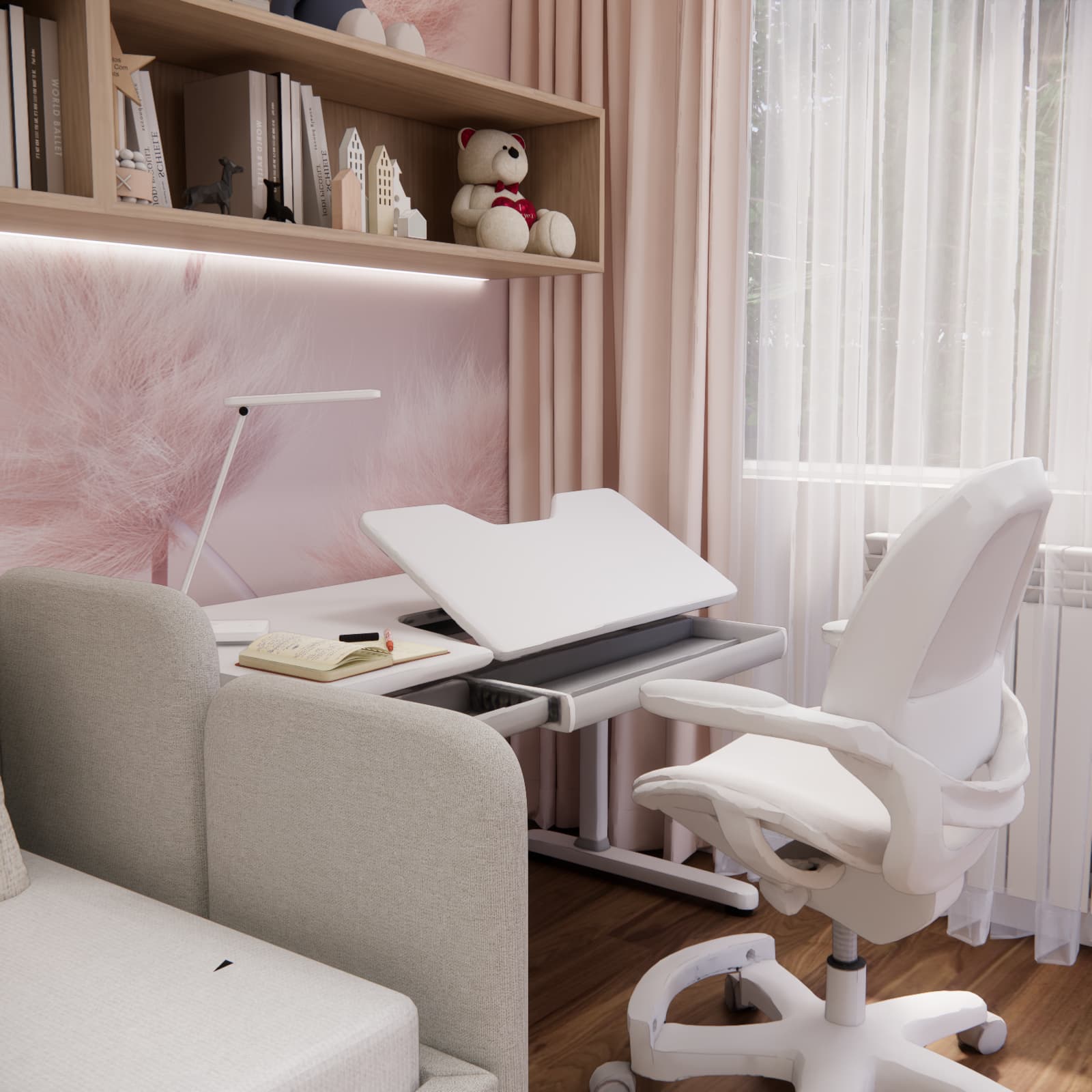 Ergonomic desk with a tilting desktop in an 8-year-old girl’s room
