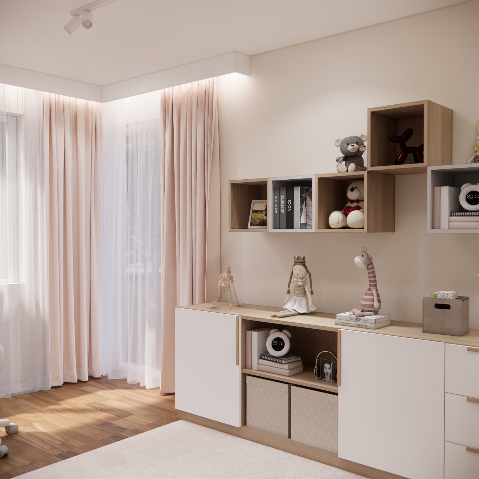 Girl’s room in pastel colours with a storage cabinet and large windows