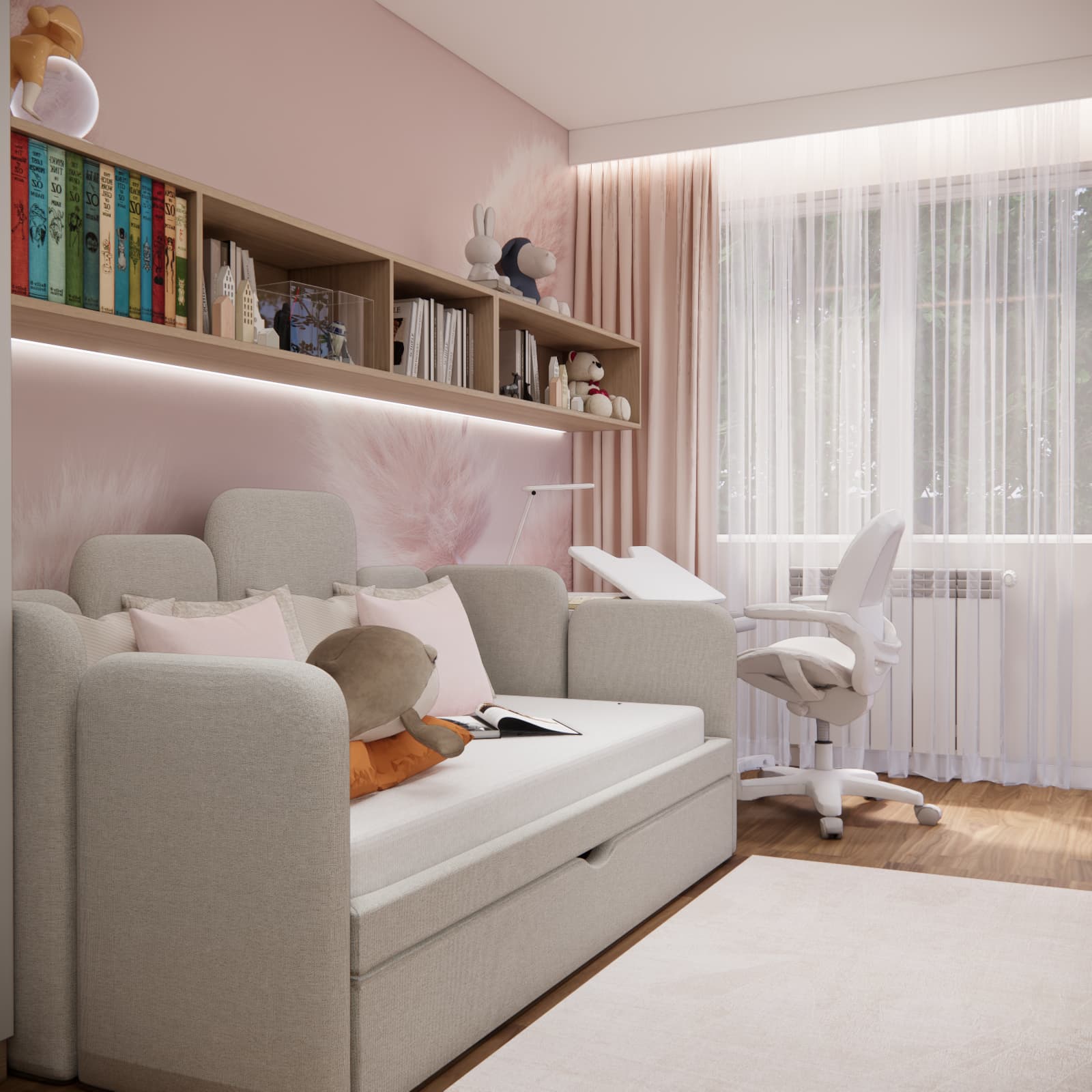 Room design for an 8-year-old girl with a bed and desk by the window
