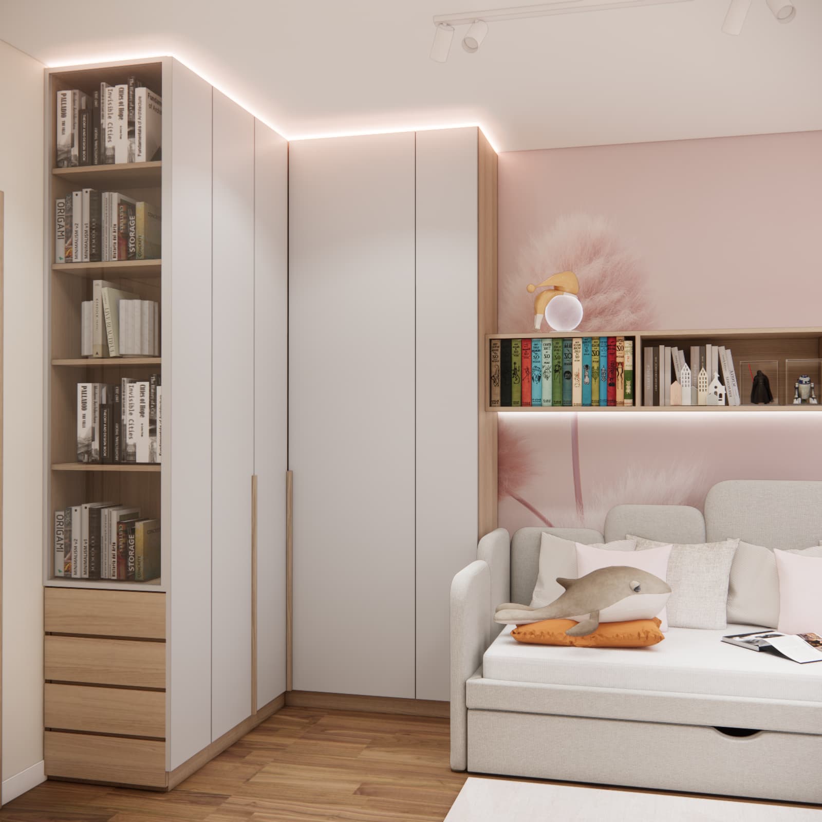 Spacious floor-to-ceiling wardrobe and bookcase in an 8-year-old girl’s room