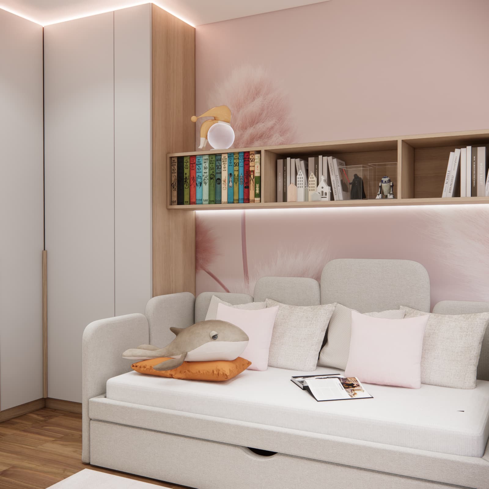 Upholstered bed with storage and a bookshelf in a girl’s room
