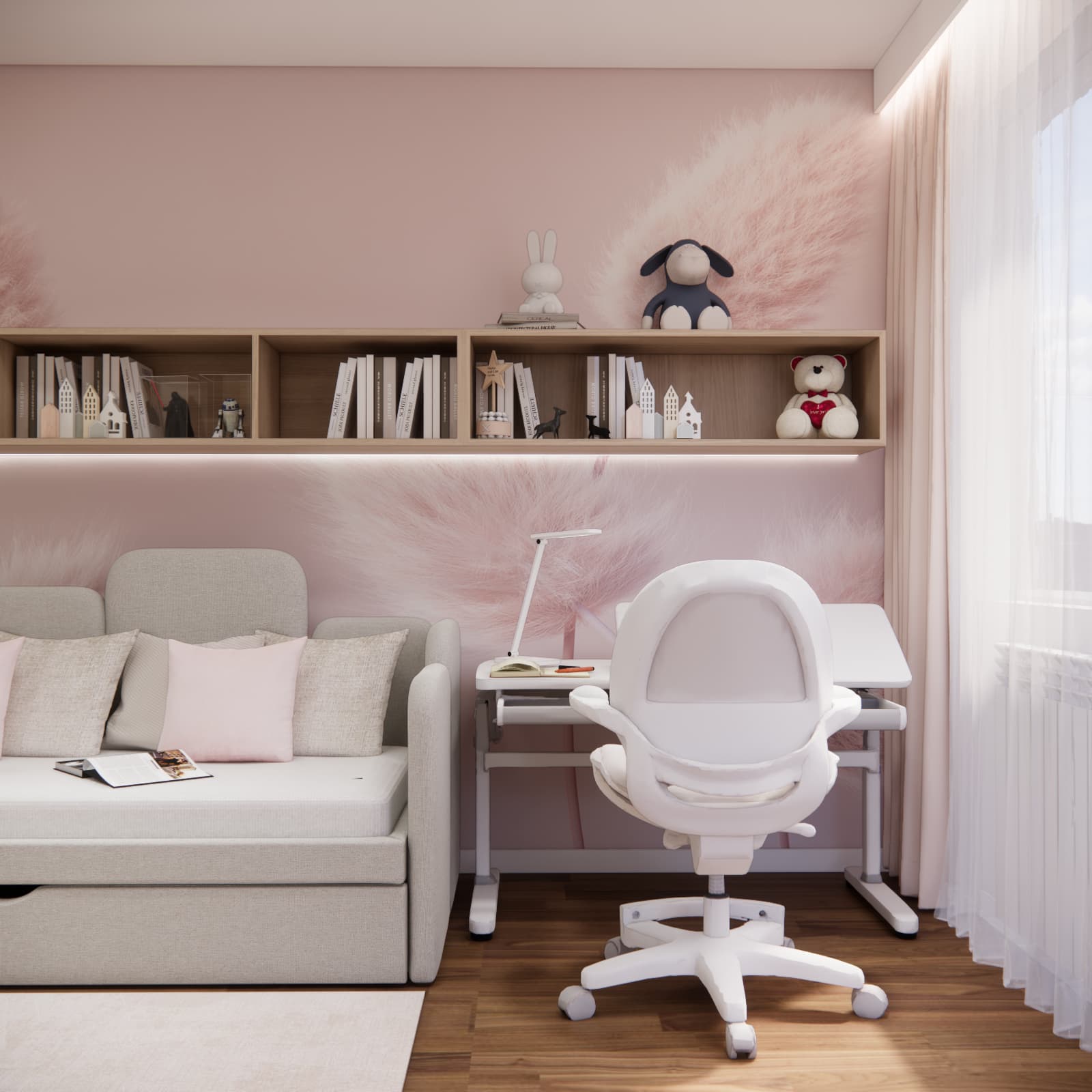 Weronika’s room with an upholstered bed, desk and pink wallpaper