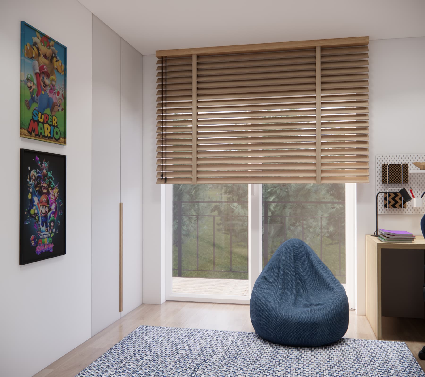 Child’s room with a spacious wardrobe, beanbag and wooden blinds