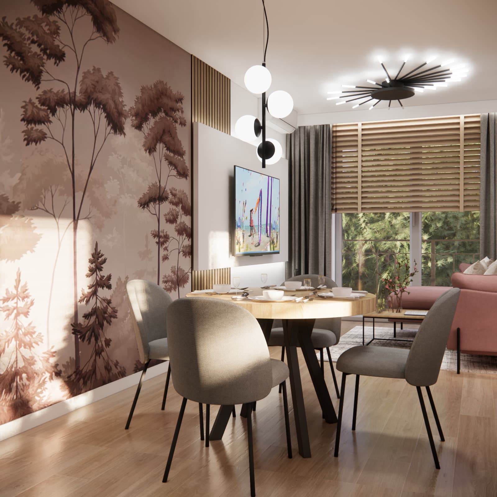 Dining area with a round table, botanical wallpaper and TV wall