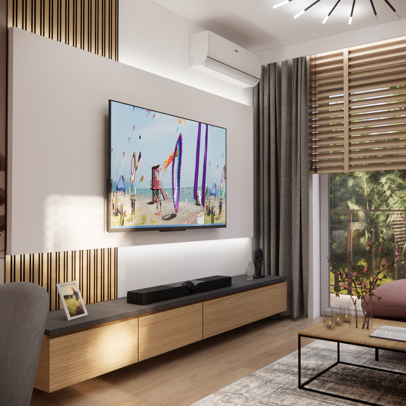 TV wall with wooden slats, LED lighting and a wood-effect media cabinet