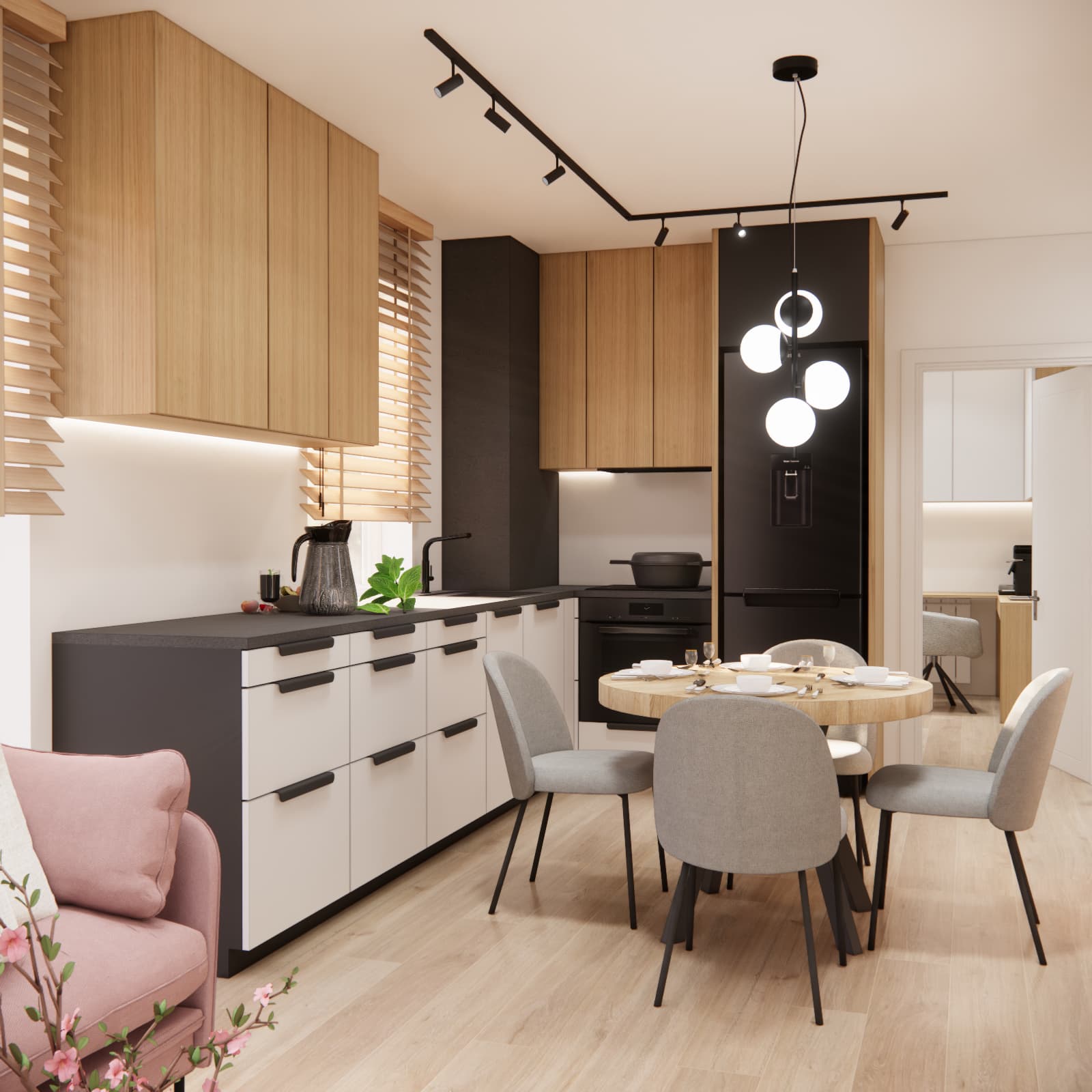 Funkcjonalna kuchnia w bieli i jasnym drewnie z czarnym blatem