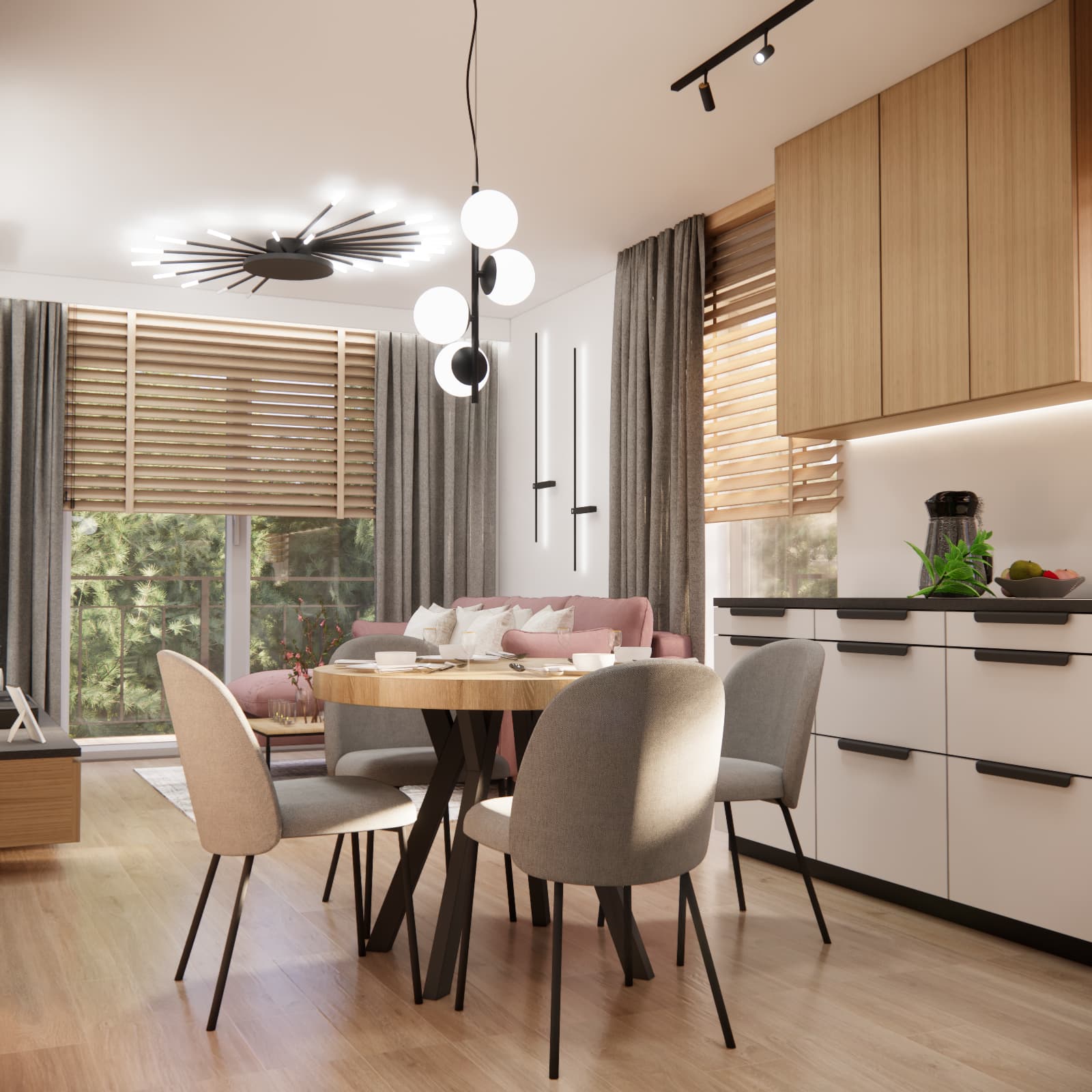 Projekt mieszkania 59 m² we Wrocławiu – salon z aneksem kuchennym i jadalnią
