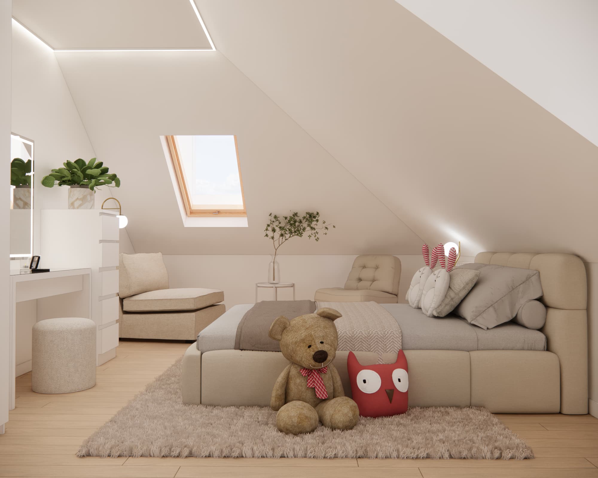 Cosy sleeping area with an upholstered bed in a girl’s attic room