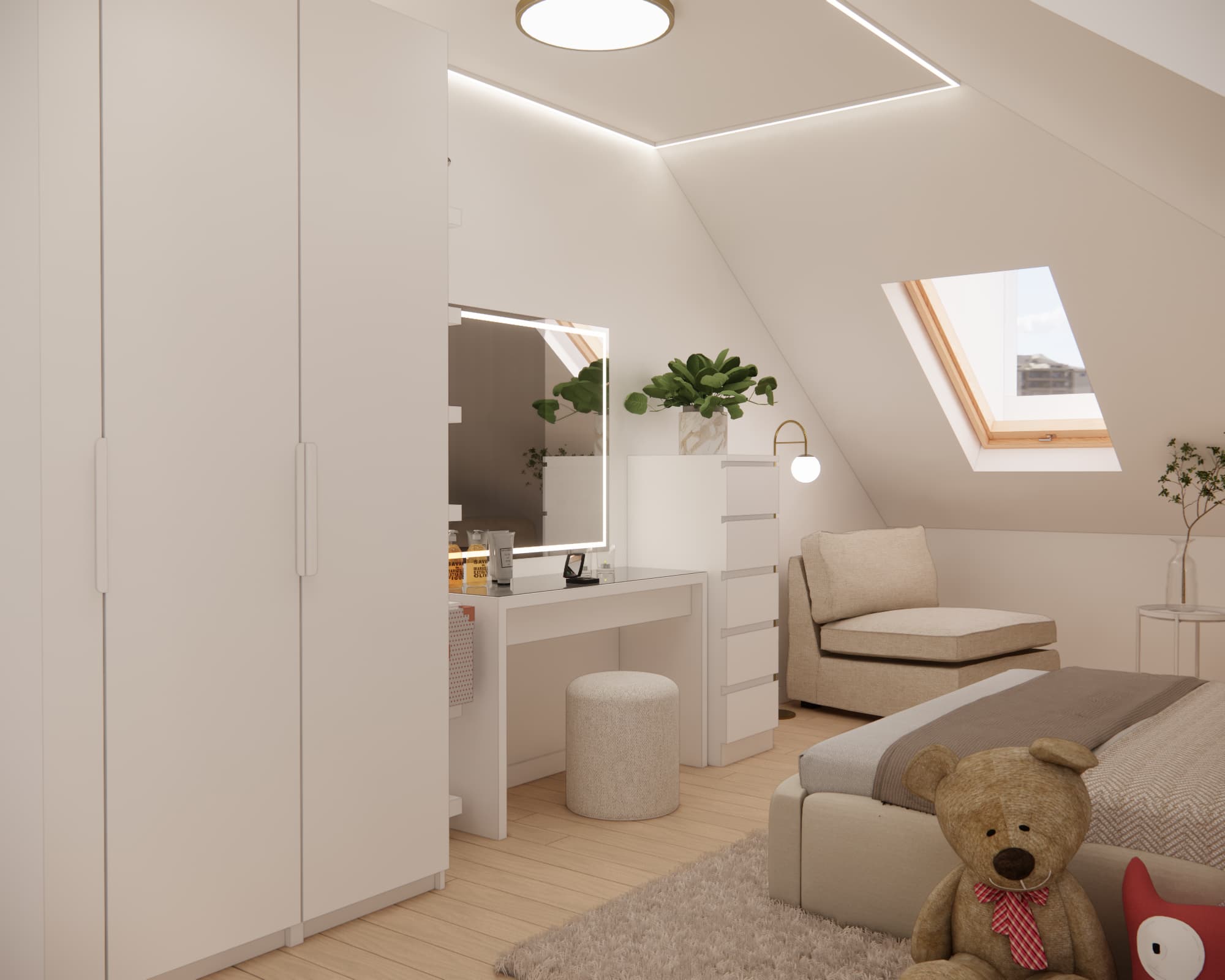 Room design for 7-year-old Alice with a dressing table, wardrobe and relaxation area