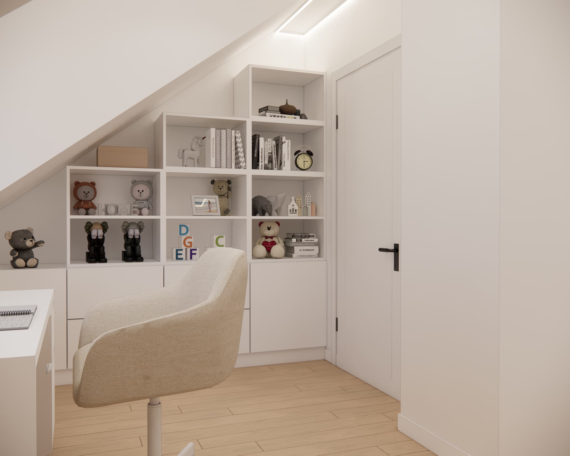 Shelving for books and toys fitted beneath an attic slope